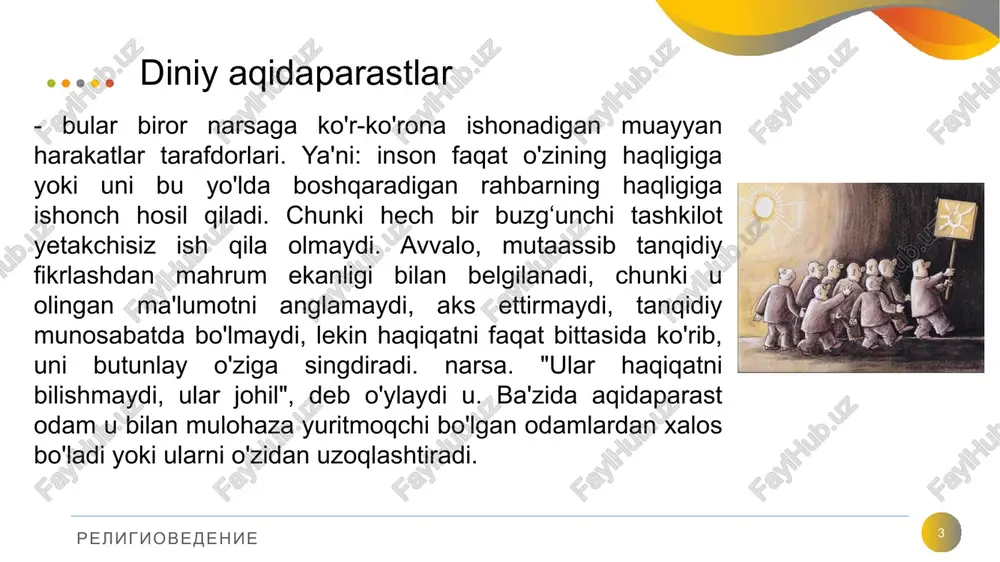 giovedenie irqchilik bu 11 irqchilik mafkura yoki e'tiqod tizimi sifatida odamlarning irq deb ataladigan katta guruhlarga bo'linishini davom ettiradi, ular har bir guruhga xos bo'lgan irsiy jismoniy xususiyatlar, mentalitet, aql-zakovat, axloq va madaniyat bilan birlashadi. irqchilik ba'zi irqlarning boshqalardan yoki bir irqning boshqalardan ustunligini da'vo qiladi. religiovedenie 12 xristianlikning mamlakatlarda missionerlar tomonidan tarqalishi religiovedenie janubiy koreyada 12 million yoki 25 foizdan ortig‘i nasroniylashgan ular tayvan aholisining deyarli 100 foizini xristian dinini qabul qilgan filippinda ko'pchilik xristian diniga e'tiqod qiladi 13 ettinchi kun adventistlari va evangelist xristian baptistlari masihiy " prozelit guruhlari tashkil etilgan. markaz tarafdorlarining missionerlik faoliyati va to'liq injil xristianlari cherkovi izo " guruhi masih "(prozelitizm yo'nalishi ) "iegova guvohlari" diniy tashkiloti. bir muddat avval o‘zbekiston hududida ushbu tashkilot va sektalarning e’tiqodlarini aholi o‘rtasida tarqatish maqsadida missionerlik faoliyati kuzatilgan edi. religiovedenie o‘zbekistonda missionerlik va prozelitizmga munosabat 14 o‘zbekistonda bag‘rikenglik tamoyiliga amal qilinadi. qonun din va diniy tashkilotlarni davlatdan ajratib …