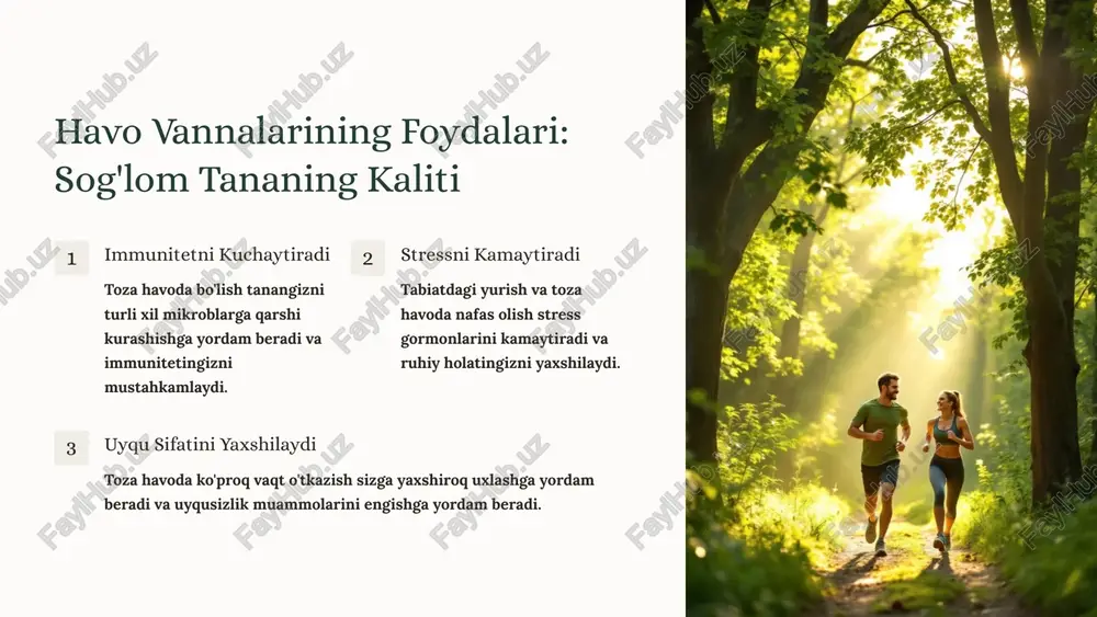 iniqtirish - bu sizning umumiy sog'lig'ingiz va farovonlig'ingizni yaxshilashning ajoyib usuli. havo vannalari, suv tadbirlari va quyosh vannalari kabi tadbirlarni hayotingizga qo'shish sizning immunitetingizni kuchaytirishga, stressni kamaytirishga, uyqu sifatini yaxshilashga va umumiy turmush tarzingizni yaxshilashga yordam beradi. esingizda bo'lsin, har qanday yangi mashqlarga kirishdan oldin shifokor bilan maslahatlashing. image1.png image2.png image3.png image4.png image5.png image6.png image7.png image8.png image9.png image10.png image11.png image12.png image13.png image14.png image15.png image16.png image17.png image18.png %k