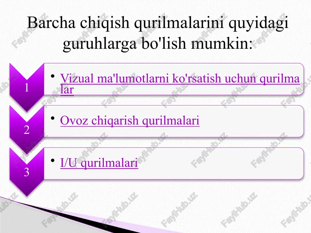 mpyuterning tashqi qurilmasi boʻlib, matn yoki grafiklarni odatda elektron shaklda saqlanadigan fizik muhitga oʻtkazish uchun moʻljallangan. printer qora va oq (monoxrom) rangli bosib chiqarish ranglari soniga ko'ra printerlar quyidagilarga bo'linadi: ruxsat - bu dyuymdagi nuqtalar soni (dpi da o'lchanadi) yoki stilusli printerlar uchun dyuymdagi belgilar soni (cpi). masalan, 600 dpi o'lchamlari nuqtani bir dyuym ichida 600 ta pozitsiyadan istalganiga qo'yish mumkinligini anglatadi; chop etish tezligi ikki omil bilan belgilanadi - qog'ozni berish vaqti va kiruvchi ma'lumotlarni qayta ishlash tezligi. matritsali va inkjetli printerlar uchun u soniyada belgilar bilan o'lchanadi - cps, inkjet va lazerli printerlar uchun - daqiqada sahifalar; xotira miqdori . printerlar odatda protsessor va ma’lumotlarni qabul qiluvchi va qayta ishlovchi ichki xotira (bufer) bilan jihozlangan. qoida shunday: xotira qancha ko'p bo'lsa, shuncha yaxshi; ishlash muddati ma'lum bir printer modeli uchun hujjatlarda belgilanadi. printerlarning asosiy parametrlari: tasvirni ommaviy axborot vositalariga o'tkazish printsipi bo'yicha printerlarni tasniflash tarkib takrorlang oldingi bo'lim …