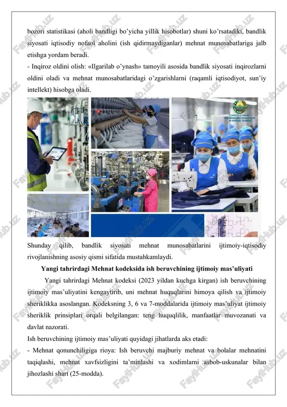 t organlariga axborot beradi va xodimlarga 3 oylik o’rtacha ish haqini saqlaydi (100-modda). ijtimoiy ehtiyojmand toifalar (nogironlar, yoshlar) uchun eng kam ish o’rinlarini belgilaydi (99-modda). - jamoa shartnomalari: ish beruvchi jamoa muzokaralarini olib boradi va jamoa shartnomasida ish haqi, ta’tillar va ijtimoiy sug’urtani belgilaydi (67 va 85-moddalar). xodimlar vakillariga sharoit yaratadi (45-modda). - qayta ishga joylashtirish: alohida asoslarda ishdan bo’shatilgan xodimlarni 6 oy ichida qayta qabul qiladi (102-modda). bu o’zgarishlar ish beruvchini ijtimoiy mas’uliyatli sub’ekt sifatida mustahkamlaydi va mehnat munosabatlarini insonparvarlik asosida rivojlantiradi. ish bilan ta’minlashda davlat va xususiy sektor hamkorligi ish bilan ta’minlashda davlat va xususiy sektor hamkorligi o’zbekistonning bandlik siyosatining asosiy tamoyillaridan biridir. mehnat kodeksining ii bo’limida (ijtimoiy sheriklik) bu hamkorlik jamoa kelishuvlari va komissiyalar orqali tartibga solinadi (34–93-moddalar). davlat (mehnat organlari) va xususiy sektor (ish beruvchilar) o’rtasidagi hamkorlik quyidagicha amalga oshiriladi: - uch tomonlama komissiyalar: respublika, hududiy va tarmoq darajalarida xodimlar, ish beruvchilar va davlat vakillari ishtirokida …