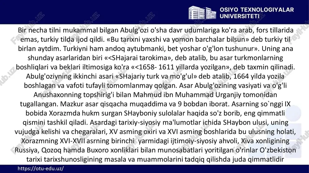 da muntazam bosilib turdi. asarda qo'qon xonligining bux oro, sharqiy turkiston va boshqa nomlar bilan bo'lgan iqtisodiy, siyosiy hamda madaniy aloqalari haqida ham kimmatli ma'lum otlar bor. xonlik vujudga kelganidan keyingi ma'lumotlar orasida biz uchun qimmatli bo'lgan manbalardan biri muhammad solih toshkandiy (asl nomi muhammad solih domla rahim qoraxoja o'g'li) qalamiga mansub "tarixi jadidayi toshkand" ("toshkent- ning yangi tarixi") asaridir asar ikki jilddan iborat bo'lib, 1-jildi qadim zamonlardan to xv asrgacha sharq va o'rta osiyo mamlakatlarida bo`lib o`tgan voqealar haqida ma'lumot bersa, 2-jildida farg'onaning, shu jumladan toshkent shahrining xv asr oxiridan xix asrning 80- yillarigacha bo`lgan tarixi hikoya qilinadi tarixi shohruhiy" 1871-1872-(hijriy 1288-yil)-yillarda xudoyor- xonning ko'rsatmasi bilan fors tilida yozilgan. asarda qoʻqonxonlarining ayrim yurishlari, xonlikning buxoro, sharqiy turkiston va boshqa mamlakatlar bilan ijtimoiy-iqtisodiy va madaniy aloqasi haqida qimmatli ma'lumotlar mavjud. "tarixi shoxruxiy" asari xviii asr boshlaridan tortib to xix asming 70-yillarigacha qo`qon xonligida bo`lib o'tgan voqealarni o`z ichiga olgan. tarixi …