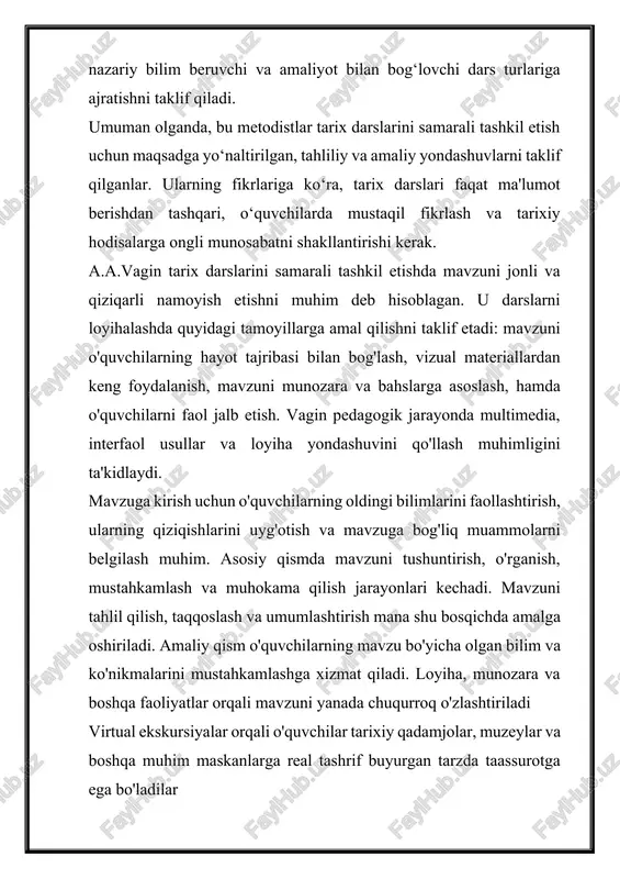 lar. o’zbekistonning mustaqil davlat deb e'lon qilinishi respublikamizning bugungi kuninigina emas, balki istiqbolini ham belgilab beruvchi asosiy omildir. mustaqillik yo’li o’zbekiston xalqlarining tarixiy an'analari va ma'naviy boyliklarini qayta tiklovchi, yangi mazmun bilan boyituvchi yo’ldir. bu esa tarix o’qitishni milliy asosga qurishni, xalqimizning mehnatsevarlik, do’stlik, mehmondo’stlik, ma'rifatparvarlik kabi an'analari, imon, insof, mehr-oqibat, andisha, ornomus, vatanga hamda xalqqa sadoqat kabi oliyjanob fazilatlarini chuqur o’rganishni, ularni asrab-avaylab, yoshlar qalbiga, qon-qoniga singdirish, o’zini anglashga ko’maklashishi, respublikamiz istiqloli uchun astoydil xizmat qiladigan faollarni yetishtirishni asosiy vazifa qilib qo’yadi. o’zbekiston xalqlari tarixini o’rganish o’quvchilarning bu tarixiy an'analar va oliyjanob fazilatlar manbalarini, ular mustahkam zaminga egaligini, tarixan tarkib topganligini, avloddanavlodga o’tib, mazmunan boyib borganligini, jamiyatning ravnaqi va farovonligi, insonlarning ma'naviy kamoloti uchun hizmat qilib kelganligi, ularni bundan keyin ham asrab-avaylab davom ettirish, avlodlarimizning insoniy fazilatlariga sodiq bo’lish o’zlarining muqaddas burchlari ekanligini anglab olishlariga yordam beradi. o’zbekiston xalqlari tarixini o’rganish asosida o’quvchilar bu o’lka xududida qadimdan bir necha …