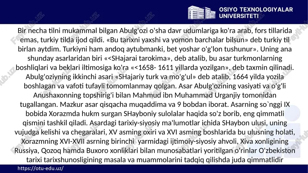 bosilib turdi. asarda qo'qon xonligining bux oro, sharqiy turkiston va boshqa nomlar bilan bo'lgan iqtisodiy, siyosiy hamda madaniy aloqalari haqida ham kimmatli ma'lum otlar bor. xonlik vujudga kelganidan keyingi ma'lumotlar orasida biz uchun qimmatli bo'lgan manbalardan biri muhammad solih toshkandiy (asl nomi muhammad solih domla rahim qoraxoja o'g'li) qalamiga mansub "tarixi jadidayi toshkand" ("toshkent- ning yangi tarixi") asaridir asar ikki jilddan iborat bo'lib, 1-jildi qadim zamonlardan to xv asrgacha sharq va o'rta osiyo mamlakatlarida bo`lib o`tgan voqealar haqida ma'lumot bersa, 2-jildida farg'onaning, shu jumladan toshkent shahrining xv asr oxiridan xix asrning 80- yillarigacha bo`lgan tarixi hikoya qilinadi tarixi shohruhiy" 1871-1872-(hijriy 1288-yil)-yillarda xudoyor- xonning ko'rsatmasi bilan fors tilida yozilgan. asarda qoʻqonxonlarining ayrim yurishlari, xonlikning buxoro, sharqiy turkiston va boshqa mamlakatlar bilan ijtimoiy-iqtisodiy va madaniy aloqasi haqida qimmatli ma'lumotlar mavjud. "tarixi shoxruxiy" asari xviii asr boshlaridan tortib to xix asming 70-yillarigacha qo`qon xonligida bo`lib o'tgan voqealarni o`z ichiga olgan. tarixi farg'ona" asari …