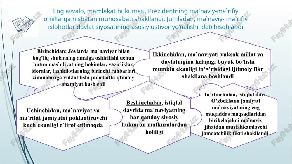 xudbinlik kayfiyatlarini muqarrar tarzda boshqa millat, xalq imkoniyatlarini zo’ravonlik va zug’um siyosatining ishlarning bilan chegaralab qo’yadigan davlat ishlab chiqilishi bu boradagi amaliy samarasini oshirdi e`tiboringiz uchun rahmat ! ma’naviy, madaniy taraqqiyoti toshkent shahrining “islom madaniyati poytaxti” deb e’lon qilinishi va uning ahamiyati. 3. madaniyat va san’at sohasining rivojlanishi. milliy sport turlarining rivojlantirilishi. beshta tashabbus va uning yuksak ma’naviy madaniyatni ta’minlashdagi o‘rni. 4. o‘zbekistonda millatlararo va dinlararo munosabatlardagi barqarorlikni ta’minlash borasidagi davlat siyosati. mustaqillik yillaridan bugungi kunga qadar o‘zbekiston tarixini tadqiq etish bo'yicha amalga oshirilgan ishlar reja: yurtimizda ma’naviy merosni tiklashga bag‘ishlab amalga oshirilgan ulkan ishlardan biri ahmad al-farg‘oniyning 1200 yillik, imom ismoil al- buxoriyning 1225 yilligi hamda amir temurning 660 yilligi yubileylari tantanalarini nishonlash, ularning faoliyatini va ijodini to‘liq yoritib xalqimizga bayon etish hamda nomlarini abadiylashtirish bo‘ldi. hukumatimiz qarori bilan 1996 yil amir temur yili deb e’lon qilindi yubiley tantanalari o‘zbekistonda balki uning nafaqat xalqaro miqyosda ulkan ko‘tarinkilik bilan nishonlandi. …