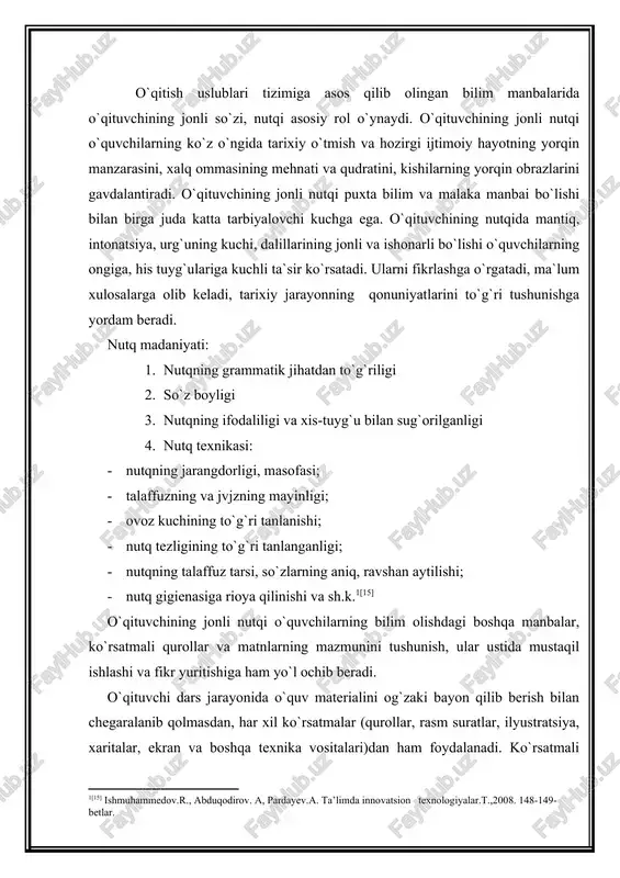 ika vositalari o`qituvchining eng ishonchli yordamchisi bo`lib xizmat qilsada, ular o`quvchilarga beriladigan ta`lim-tarbiyaning asosiy manbai bo`lgan jonli so`z o`rnini bosa olmaydi. oquvchilar ekranda tasvirlangan voqea yoki xaritani jonli so`z yordamida tushunib oladilar. hattoki teledarsning mazmunini ham o`qituvchi o`z jonli so`zi yordamida izoxlab beradi. o`qituvchi dars jarayonida o`quvchilarning o`quv materiallarini puxta o`zlashtirib olishni ta`minlashga yordam beradigan har xil matnlar, darsliklar, o`quv qo`llanmalari, o`zbekiston respublikasi prezidenti i.a. karimovning asarlari, vaqtli matbuot va boshqalardan foydalanishi lozim. ularning mazmunini bayon qilib beradi, izoxlaydi, taxlil etadi va tegishli xulosalar chiqaradi. har bir dars va darsdan tashqari mashg`ulotlarda o`qituvchi o`quvchilarning bilim olishining barcha manbalaridan foydalanishini taqozo etadi. o`qituvchi o`quvchilarga ma`lum ko`rsatmali qurol va har xil matnlar ustida mustaqil ishlashni topshirishdan oldin ularning mazmunini tushuntirib beradi va mustaqil ish usullarini ko`rsatadi. o`quvchilar mustaqil ishlashi, fikrlash qobiliyatini o`stiruvchi, ularning aqli va qalbiga yo`l ochuvchi jonli so`z qanday didaktik talablarga javob berish kerak? jonli nutqni keng ma`noda tushunmoq kerak. …
