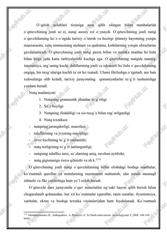 tuvchining eng ishonchli yordamchisi bo`lib xizmat qilsada, ular o`quvchilarga beriladigan ta`lim-tarbiyaning asosiy manbai bo`lgan jonli so`z o`rnini bosa olmaydi. oquvchilar ekranda tasvirlangan voqea yoki xaritani jonli so`z yordamida tushunib oladilar. hattoki teledarsning mazmunini ham o`qituvchi o`z jonli so`zi yordamida izoxlab beradi. o`qituvchi dars jarayonida o`quvchilarning o`quv materiallarini puxta o`zlashtirib olishni ta`minlashga yordam beradigan har xil matnlar, darsliklar, o`quv qo`llanmalari, o`zbekiston respublikasi prezidenti i.a. karimovning asarlari, vaqtli matbuot va boshqalardan foydalanishi lozim. ularning mazmunini bayon qilib beradi, izoxlaydi, taxlil etadi va tegishli xulosalar chiqaradi. har bir dars va darsdan tashqari mashg`ulotlarda o`qituvchi o`quvchilarning bilim olishining barcha manbalaridan foydalanishini taqozo etadi. o`qituvchi o`quvchilarga ma`lum ko`rsatmali qurol va har xil matnlar ustida mustaqil ishlashni topshirishdan oldin ularning mazmunini tushuntirib beradi va mustaqil ish usullarini ko`rsatadi. o`quvchilar mustaqil ishlashi, fikrlash qobiliyatini o`stiruvchi, ularning aqli va qalbiga yo`l ochuvchi jonli so`z qanday didaktik talablarga javob berish kerak? jonli nutqni keng ma`noda tushunmoq kerak. jonli nutq …