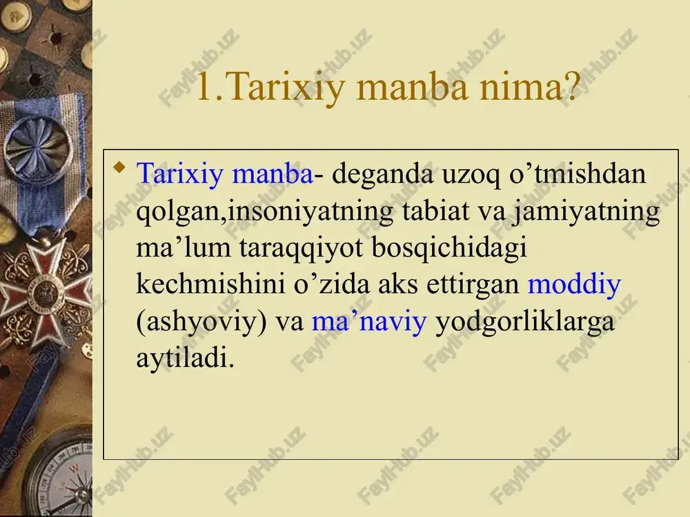 va urushlari tarixi talqin etiladi. 2.3. qadimgi yunon va rim manbalari xeradot(m.a.490-480-y o’rtasi-425 y.)u ellada,va sharq mamlakatlari ning qadim zamonlaridan to miloddan avvalgi 479-yilgacha bo’lgan ijtimoiy-siyosiy hayotidan hikoya qiluvchi 9 kitobdan iborat “tarix”asari bilan shuhrat topgan. diodor.(m.a.90-21-yy.)u “tarixiy kutubxona”nomli 40 kitobdan iborat asar yozib qoldirgan.bu asar yunoniston va rimning qadim zamonlardan to milodning 1-asr o’rtalarigacha bo’lgan tarixini o’z ichiga oladi pompey trog (milodgacha 1-milodning 1 asrlari)-”filipp tarixi”asari bilan mashhur bo’lgan rim tarixchisi44 kitobdan iborat bu asar afsonaviy assuriya podsholari zamonidan to rim imperatori avgust(m.a.63-milodning 14-yili)davrigacha dunyoda b-b o’tgan voqealarni bayon qiladi,lekin asosiy e’tibor yunonistonningmakedoniyalik filipp 2 va iskandar zulqarnayn davrini bayon etishga qaratilgan. arrian flaviy “iskandar haqida”,”prfiyaliklar haqida”,”hindiston”va 7 jildlik “iskandarning yurushlari nomli kitoblar muallifi. k.k.ruf (milodning 1-asri)iskandar zulqarnaynning eron,o’rta osiyo va boshqa mamlakatlarga qilgan harbiy yurushlari haqida 10 kitobdan iborat “buyuk iskandarning tarixi” nomli asar yozib qoldirgan. gay pliniy sekundning (24-79-y.) 20 kitobdan iborat “germanlarning urushlari”,ikki jilddan iborat “pompony …