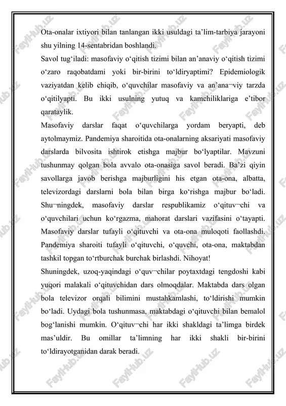 jaryapti. qolgan ikki yo‘nalishdagi mutaxassislar vazifasini qay darajada uddalayaptilar? tiflopedagogika — ko‘zi ojiz yoki zaif ko‘ruvchi bolalar bilan qanday ishlayapti? to‘g‘ri, ko‘zi ojiz bolalarning eshitish, his etish qobiliyati nihoyatda yuqori. ko‘zi ojiz o‘quvchi uyga vazifani brayl yozuvida bajarishi zarur. uyda tahsil olishga majbur bo‘lgan bola barmoqlar bilan o‘qiladigan matnni o‘qituvchiga qanday qilib yetkazadi? tiflopedagoglar o‘z vazifalarini karantin sharoitida to‘liq bajara oldilarmi? savollarimiz yana ochiq qolyapti... oligofrenopedagogikada o‘quvchi miyasi rivojiga ko‘ra uch toifaga bo‘lina¬di: 1) yengil; 2) o‘rta; 3) og‘ir. kuzatishlarimizdan ma’lum bo‘ldiki, bu bolalar oddiy sinfda o‘qiy boshlasa¬lar, toifalar yuqori pog‘onaga ko‘tarila boradi. ya’ni, birinchi toifa — oddiy¬lar tomon, ikkinchisi — birinchi tomon, uchinchisi — ikkinchi tomon. buning mushkul tomoni ham bor. bunday bolaga differensial dars berilsa, qolgan o‘quvchilarga zaruriy vaqt kamayadi. pedagoglar, aqli zaif bolalar bilan ishlaydilar, karantin vaqti bu bolalar o‘qitishga qamrab olindimi? to‘g‘ri, bu o‘ta mushkul vazifa. lekin bunday bolalar o‘nlab emas, minglab-ku. ularning ta’lim olishi qay …
