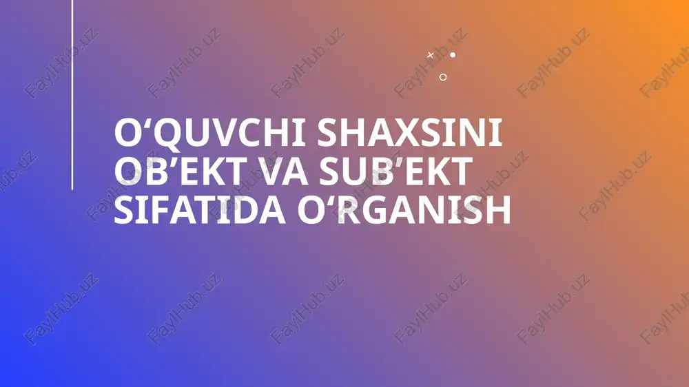 maydi. tahlil qiladigan bo‘lsak, bunday holatlar o‘qituvchining professional tayyorgarligiga bog‘liq: agar o‘qituvchi individual yondashuvni qo‘llamasa, o‘quvchi ob’ekt bo‘lib qoladi.dalil sifatida, o‘qituvchi-o‘quvchi munosabatlarini o‘rganuvchi psixologik modellarni keltirish mumkin. masalan, o‘qituvchi markazlashtirilgan modelda o‘quvchi faqat ko‘rsatmalarga amal qiladi, bu uning shaxsiy o‘sishini cheklaydi. 8 navigatsiya po seansam voprosov i otvetov o‘quvchi shaxsini ta’lim jarayonining sub’ekti sifatida o‘rganish ta’lim jarayonida o‘quvchi sub’ekt sifatida ko‘rilganda, u faol ishtirokchi, o‘z rivojlanishini boshqaruvchi shaxs bo‘ladi. bu yondashuv zamonaviy pedagogikada ustunlik qiladi va o‘quvchining shaxsiy qobiliyatlarini rivojlantirishga qaratilgan. sub’ekt ro’li o‘quvchiga mas’uliyat yuklaydi, uning fikrlari va harakatlari jarayonning asosiy qismi bo‘ladi. ushbu qismda faol ta’lim metodlarida o‘quvchining o‘z-o‘zini anglash jarayoni va mustaqil fikrlash, o‘zini baholash va qaror qabul qilish ko‘nikmalarining rivojini chuqur tahlil qilamiz. 9 faol ta’lim metodlarida o‘quvchining o‘z-o‘zini anglash jarayoni faol ta’lim metodlari o‘quvchini sub’ekt sifatida ko‘radi, chunki ular o‘quvchiga o‘z tajribasini qo‘llash, savollar berish va muhokama qilish imkoniyatini beradi. o‘z-o‘zini anglash jarayoni bu yerda …