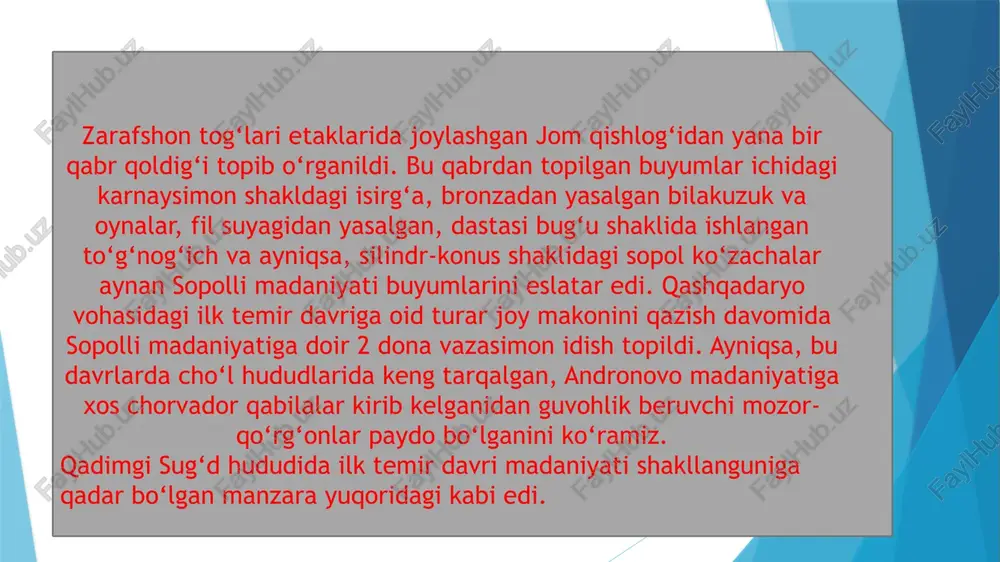 riga to‘g‘ri kelsa, yuqori qatlami ellinizm davrining boshlariga to‘g‘ri keladi. shuning o‘zi ilk temir davrini o‘rganishda bu yodgorlik naqadar muhim o‘rin egallashi kerakligini ko‘rsatib turibdi. ko‘ktepa ko‘ktepa yodgorligi samarqand shahridan 30 km shimolda, chelak tumanining oxunboboev jamoa xo‘jaligi hududida joylashgan. yodgorlik 2 ta mudofaa devori bilan o‘rab olingan, ichki mudofaa devori 23 ga maydonni va tashqi mudofaa devori 100 gektarga yaqin maydonni egallaydi. 1990-yillarning boshlarigacha ko‘ktepa yodgorligi ilk temir davriga oid ekanligini hech kim bilmas edi. afrosiyobning mil. av. minginchi yillar o‘rtalariga oid mudofaa devori ostidan guvalaksimon g‘ishtlardan ko‘tarilgan biroz qadimgi mudofaa inshooti topilgandan keyingina ko‘ktepa yodgorligida ham xuddi shunday g‘ishtlardan ko‘tarilgan imoratlar qoldiqlari borligi ma’lum bo‘ldi. ko‘ktepada avval o‘zr fa arxeologiya instituti, keyinroq o‘zbek-fransuz qo‘shma ekspeditsiyasi ish olib bordi va bu ish hozir ham davom ettirilmoqda. afrosiyobning ostida mil. av. ix-viii asrlar qatlamlari borligi ham ma’lum emas edi. shuning uchun ko‘ktepa yodgorligidan mil. av. ix-viii asrlardan mil. av. iv …