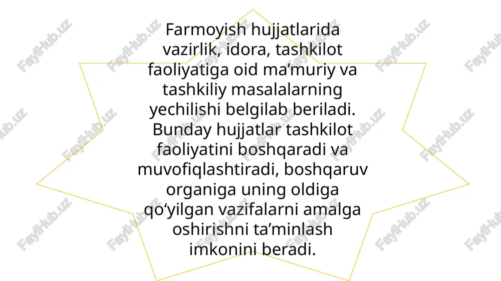 nlar. 3. iqtisodiy tahlil va prognozlashtirish boshqarmasi (f. ha- sanov) agentlik boshqarma va bo‘limlari hamda tizimdagi kor- xona va tashkilotlarning ijtimoiy-iqtisodiy rivojlanishning birinchi yarim yillik yakunlariga oid dastlabki ma’lumot va hisobotlarni umumlashtirsin va belgilangan muddatda vazirlar mahkamasiga taqdim etilishini ta’minlasin. 4, hisobot va ma’lumotlarni tayyorlashda: —tizim korxona va tashkilotlari tomonidan 2019-yilning |-yar- mida ijtimoiy-iqtisodiy rivojlanish dasturining eng muhim ustuvor vazifalari ijrosini ta’minlashga oid chora-tadbirlar kompleksida belgilangan vazifalarning bajarilishiga; — sanoat korxonalari tomonidan prognoz ko‘rsatkichlar- ning bajarilishi qamroviga hamda modernizatsiya va texnologik jihozlanish dasturi doirasida amalga oshirilgan ishlarga; — korxona va tashkilotlarning moliyaviy-iqtisodiy holati- ni sog‘lomlashtirishga, debitor va kreditor qarzlar hamda tayyor mahsulot goldiqlarining kamayishiga alohida e’tibor qaratilsin. 5. mazkur farmoyish ijrosining nazorati bosh direktor o‘rin- bosari r. safayev zimmasiga yuklansin. bosh direktor (imzo) k. allamjonov eeeeee /docprops/thumbnail.jpeg [mavau:farmoyish hujatart