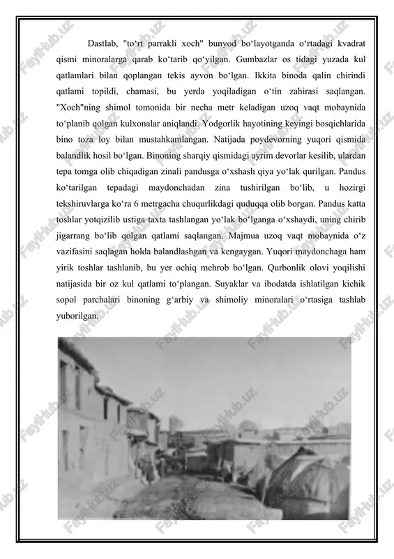 uyoshga sig‘ingan aholi tomonidan tiklanganligini va milodiy iv asrgacha mavjud bo‘lganligini aniqlash imkonini beradi. mintaqada kabi bir qancha inshootlar mavjud bo‘lgan. chunonchi, talas daryosi yoqasidagi cho‘ltepa va qizilqaynartepa shahar xarobalarida yarim minoralari bor "parrakli" "xoch"larga o‘xshash binolar aniqlandi. ular milodiy i-iv asrlarga oid deb belgilangan. buxoro viloyatining shimolida shu xildagi yodgorlik setalaktepa 1 yodgorligida topildi. ularning qurilishida ham, vazifasida ham o‘xshash belgilar uchraydi. setalaktepadagi olov yoqish bilan bog‘liq odat ayniqsa, yaqqol aks etgan. bu bino milodiy iii-v asrlarga oid deb belgilangan. mingo‘rikdagi inshoot qovunchi madaniyati majmuasi qatorida olov va quyoshga e'tiqod qilishning asosiy diniy markazi sifatida talas yodgorliklari sirasiga kirgan, degan taassurot tug‘iladi. arxeologik tadqiqotlar qovunchi madaniyati an'analari janub va g‘arbga tarqalganligini tasdiqladi. o‘sha vaqtda bu madaniyat majmuasi vakillari o‘zlari bilan birga olovga sig‘inuvchilarning qasrlar qurish tamoyillarini buxoroning shimoliga olib o‘tganlar. choch to‘g‘risida hikoya kiluvchi ilk yozma manbalardan biri xitoyning katta xan sulolasining yilnomalari hisoblanadi. mazkur shitszi solnomasi, xitoy elchisi …