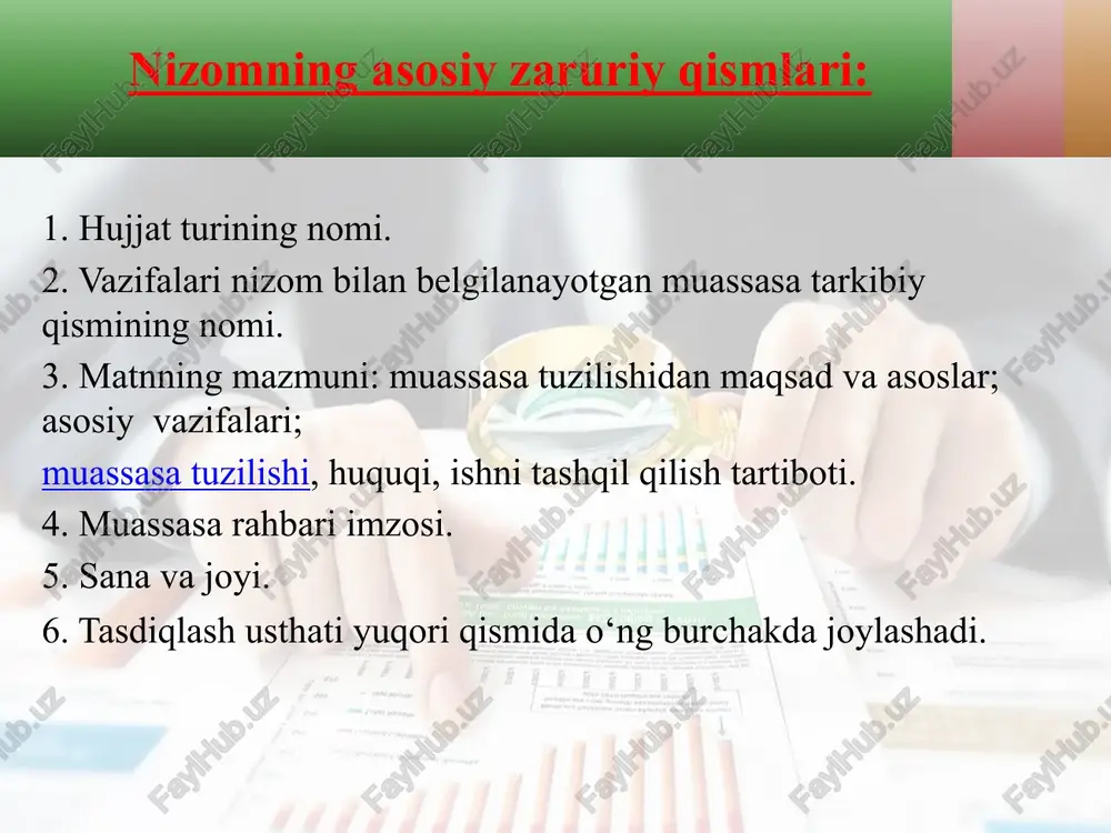 at kodeksida belgilab berilgan. muassasalar bilan ulaming hisobida turmaydigan shaxslar o‘rtasida ham ma’lum mehnat munosabatlari o‘rnatilishi mumkin. ba'zi hollarda ma'lum cheklangan muddatda bajariladigan xizmatni muayyan muassasaning o‘zidan bajaradigan xizmatchi bo'lmay qoladi. shunday hollarda chetda taklif qilingan mutaxassis bilan mehnat bitimi tuziladi. bitimning zaruriy qismlari 1. hujjat nomi. 2. tuzilgan sana va joy. 3. mehnat bitimi, tuzayotgan tomonlarning to‘la va aniq nomi, ishlovchining lavozimi, to‘liq ism-sharifi. 4. bitim mazmuni. 5. ishni bajarish muddati va bajaruvchiga to'lanadigan ish haqining umumiy miqdori. 6. ish sifatiga qo‘yiladigan talablar va uni qabul qilib olsh tartibi. 7. bajaruvchiga haq tomash muddati va tartibi. 8. tomonlaming manzillari. 9. tomonlaming imzolari. 10. muassasa muhri. image3.jpeg image1.jpg /docprops/thumbnail.jpeg reja ‘nizomning asosiy zaruriy qismlari: yo'riqnomaning asosiy zaruriy qismlari bitimning zaruriy qismlari