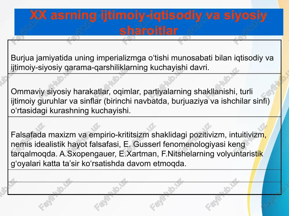 sosan kognitiv jarayonlar saqlanib qoldi. asosiy kelishmovchilik ong mazmunini aniqlash va uni eksperimental o'rganish chegaralari bilan bog'liq. yagona psixologiyaning bir qator maktablarga birinchi bo'linishi psixikani o'rganishda ong bilan identifikatsiya qilingan turli jihatlar ajratilgan. psixologlarning diqqat markazida asosan kognitiv jarayonlar saqlanib qoldi. asosiy kelishmovchilik ong mazmunini aniqlash va uni eksperimental o'rganish chegaralari bilan bog'liq. strukturizm psixologiyaning vazifalari: -ruhiy holatni eng oddiy tarkibiy qismlarga ajratish; bu qismlarning ulanish qonuniyatlarini topish; bu qonunlarni fiziologik tashkilot bilan bog’lash. asosiy qoidalar: * har bir inson o'ziga xosdir: inson dunyoga ochiq, inson dunyoni va dunyoda o'zini boshdan kechirishi asosiy psixologik haqiqatdir; * inson hayoti insonning shakllanishi va mavjudligining yagona jarayoni sifatida qaralishi kerak; * inson o'z tabiatining bir qismi bo'lgan doimiy rivojlanish va o'zini anglash qobiliyatiga ega; * inson o'z tanlovida rahbarlik qiladigan ma'no va qadriyatlar tufayli tashqi aniqlashdan ma'lum darajada erkinlikka ega; * inson faol, ijodiy mavjudotdir. image1.jpeg /docprops/thumbnail.jpeg xix asrning 2 yarmi va xx …