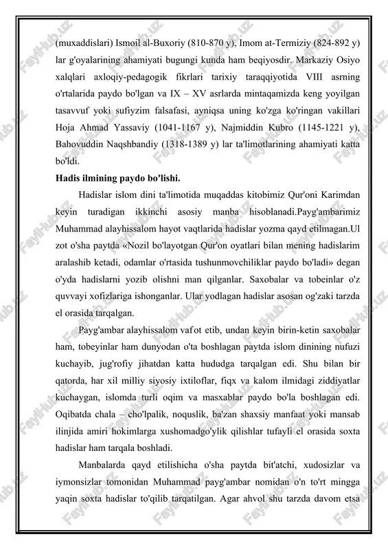 mingga yaqin soxta hadislar to'qilib tarqatilgan. agar ahvol shu tarzda davom etsa payg'ambarimizning hadislari asl holida saqlanib qolmasligi, kelgusi avlodlarga haqqoniy ravishda etib bormasligi tayin edi. buni anglagan hakimlar hadislarni yozma qayd etib, to'plash kabi o'ta muhim masalaga kirishdilar.bu xayrli ishga birichilardan bo'lib, umaviylarning sakkizinchi xalifasi umar ibn abdul aziz ibn marvon (681-720 y) qo'l o'rdi.shunday qilib, viii asrning birinchi choragida muhammad payg'ambar hayotidan qariyib 80 yil o'tgach hadislarni jamlab tadviyin (yozma qayd) etish boshlandi. biroq jamlangan hadis to'plamlari hali ham muayyan tartibga solinmagan, mavzu jihatidan boblarga ajratilmagan, saxobalar va tobeyinlarning qavl – fatvolari bilan aralashtirilib, chalkashtirilib yuborilgan edi. shunga qaramay, maxsus hadis to'plamlari yaratildi, ularga bag'ishlangan musnad, sunna va sahiyh deb ataladigan turli to'plamlar paydo bo'ldi. shu tariqa buxora, samarqand, shosh, marv, marg'ilon, xorazm, nasaf va boshqa shaharlardan asosan qur'oni karim va payg'ambarimiz hadislari o'qitilish va targ'ib qilindi. natijada, hadislar xalq ommasi orasida keng tarqalib, ta'lim-tarbiya sohasida ham, ijtimoiy …