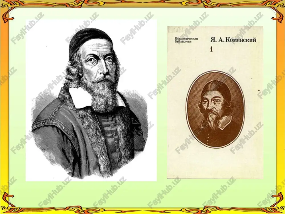 i. o’qitish jarayoni tabiatga o’xshab sekinlik bilan amalga oshadi. tabiiylik printsipida kishini tabiatning bir bo’lagi deb qarashi (xudo tomonidan bunyod etilmagan) tabiat qonunlari uning o’sishiga ta’sir etadi deyishi o’z davrida ilg’or sanaladi. lekin kishi ijtimoiy borliq bo’lib, ijtimoiy qonun ta’sirida o’sadi. komenskiy, tarbiyachi boladagi iste’dodni o’stirishi kerak. agar bola pedagogik ta’sirsiz yashasa, bu iste’dod tasodifan o’sadi. kishi dunyoga kelganda kishiga xos iste’dodga ega bo’ladi. xuddi olmadagi urug’iga o’xshab ba’zida ko’proq, ba’zida kamroq bo’ladi. komenskiy tarbiyaning tabiatga uyg’unlik masalasida hamma narsaning asosi 4 ta deydi. masalan: olam 4 narsadan yuzaga kelgan, ya’ni; yer, suv, havo, yorug’lik. dunyoning rivojlanishi ham 4 qismga bo’linadi, bular: bahor, yoz, kuz, qish. insonning rivojlanishi ham 4 davrga bo’linadi go’daklik bolalik o’smirlik yetuklik ta’lim jarayoni ham 4 ga bo’linadi maktabgacha tarbiya boshlang’ich ta’lim o’rta ta’lim oliy ta’lim umumta’lim g’oyasi. komenskiy yashagan davrda hammani o’qishga tortish shart emas, qobiliyatli kishigina o’qishi kerak, degan g’oya mavjud edi. komenskiy esa …