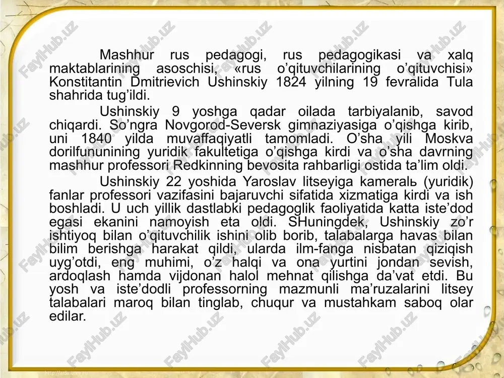 im tamoyillarini nazariy jihatdan ishlab chiqishga va uni amalda tatbiq etishga doir juda ko’p qimmatli fikrlar kiritdi. ushinskiy o’qitish jarayonida ko’rsatmali ta’limga munosib o’rin berdi: u ko’rsatmali ta’lim o’quvchilarning rivojlanishini ta’min etadigan shartlardan biridir, deb bildi. ushinskiy bolalarning o’quv materialini anglab, puxta va mustahkam o’zlashtirishi tamoyiliga katta e’tibor berdi. u bu tamoyillarni tushunish va tatbiq qilishda o’zidan ilgari o’tgan pedagoglarga nisbatan ko’pgina yangiliklar kiritdi. masalan, o’quv materialini takrorlash to’g’risida batafsil metodika ishlab chiqdi. ushinskiy ta’lim yo’nalishida ikki yo’nalish borligini qayd etdi. birinchi yo’nalish bolalar o’qituvchining rahbarligida buyum yoki hodisani kuzatadilar va shu buyum yoki hodisa to’g’risida umumiy tushuncha hosil qiladilar. ikkinchi yo’nalishda olingan bilimlar umumlashtiriladi va mustahkamlanadi. ushinskiy maktabning ikki xodimi: murabbiy bilan o’qituvchi o’rtasida tarbiya va ta’lim (funktsiyasini) jarayonini bo’lib qo’yishga qarshi norozilik bildirdi. u ta’limni tarbiyaning eng muhim vositasi deb hisobladi. ushinskiy o’zining pedagogik tizimida dars hamda ta’lim metodiga katta ahamiyat berdi. ushinskiy bolalarda mustaqil ishlash qobiliyatini o’stirishga …