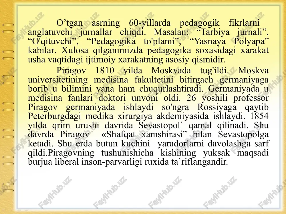 rtib borish, bilimni mustahkamlash. 2.shogirdlarning mustaqil ishi. 3.ta’limning tarbiyaviy xarkteri. 1.ilm olish. 2.atrof hodisalari va to’g’ri va aniq aks ettirish. 3.aqlli va yoritilgan hayol uchun materiallar. 4.rasmini olish. 5.material haddan tashqari ko’p bo’lmaslik 6.sardor va oydin tilda yozilishi. 1.yuksak axloqli, , sof, toza, yuksak, iroda, bola muhabbati, kengish tafakkuri. 2.har taraflama bilim pedagoglar metodik, tayyorgarlik, ustalik, sabrli, sabrsiz, sog’lom, talabchan va boshqalari. ular rus kishisini, rus dehqonini revolyusiyaga tayyorlash kerak dedilar. rossiyada sharoit o'zgargach maorifda ham burilish yasaladi deb hisobladilar. chernishevskiy va dobrolyubov mistikaga, diniy xurofotlarga, idealizmga qarshi kurash olib boradilar. idealistik dunyoqarash fanga xilof ekanligini isbotladilar. dobrolyubov rus xalqining og'ir ahvoldaligi va qashshoq hayot kechirishi mavjud ijtimoiy tuzum natijasi deb bildi va bu tizimni og'darib tashlangandagini rossiyada maorifni qayta qurish mumkin ekanligini ko'rsatadi. ularning fikricha haqiqiy vatanparvarlik boshqa xalqlarga dushmanlik nazarida qarash bilan birga bo'la olmaydi, vatanga mehr-muhabbatini shaxsiy manfaat va munosabatlardan ustun ko'radi, u insoniyatga mehr-muhabbat bilan chambarchas …
