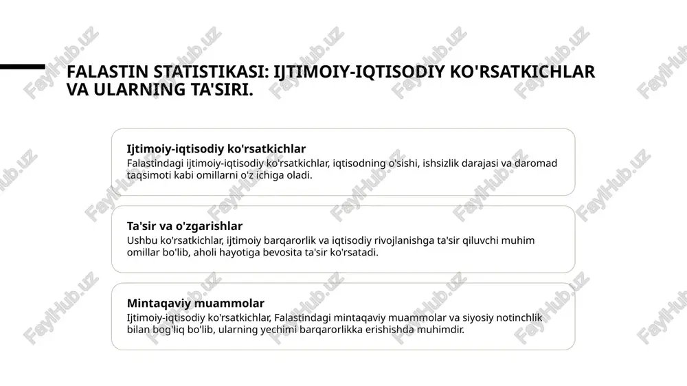 likda ijtimoiy-iqtisodiy barqarorlikni ta'minlashga yordam beradi, natijada mamlakatlar o'sadi. ijtimoiy adolat va iqtisodiy rivojlanish: falastin misoli. 1 ijtimoiy adolat ijtimoiy adolat, falastinda teng imkoniyatlar va resurslarga erishish uchun muhimdir. aholining ijtimoiy holati va iqtisodiy barqarorlik o'rtasidagi bog'liqlikni ko'rsatadi. 2 iqtisodiy rivojlanish falastindagi iqtisodiy rivojlanish, ijtimoiy adolat orqali amalga oshiriladi. bu, ish o'rinlari yaratish va ta'limga kirish imkoniyatlarini oshirishni talab qiladi. 3 ijtimoiy ta'sir ijtimoiy adolat va iqtisodiy rivojlanish o'rtasidagi munosabatlar, aholi farovonligini oshirishda muhim ahamiyatga ega. bu, jamiyatda barqarorlikni ta'minlaydi. falastindagi demografik o'zgarishlar: tarixiy va zamonaviy aspektlar. tarixiy o'zgarishlar falastindagi demografik o'zgarishlar asosan tarixiy voqealar, masalan, 1948 yilgi urush va uning natijalari bilan bog'liq. bu o'zgarishlar aholi tarkibiga ta'sir ko'rsatdi. zamonaviy tendensiyalar hozirgi kunda, falastin aholisining demografik tuzilishi iqtisodiy va siyosiy omillar ta'sirida o'zgarib bormoqda. yoshlar va qochqinlar soni ortmoqda. aholi va ta'lim demografik o'zgarishlar natijasida, ta'lim darajasi oshmoqda. o'zgarishlar, ijtimoiy-iqtisodiy rivojlanishga ijobiy ta'sir ko'rsatmoqda, lekin muammolar ham bor. siyosiy …