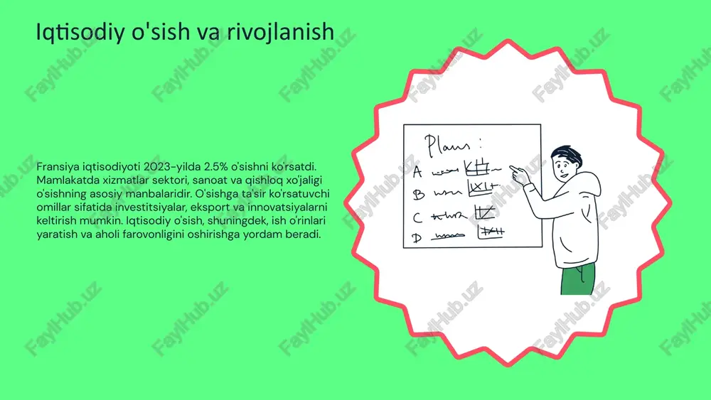 o'rtacha 0.3% ga oshmoqda. yillik o'sish sur'atlari fransiyada yillik o'sish sur'atlari o'rtacha 2000-yillardan buyon barqaror bo'lib, 0.5% atrofida saqlanib kelmoqda. bu o'sish asosan emigratsiya va tug'ilish ko'rsatkichlari bilan bog'liq. aholining yosh tarkibi aholining yosh tarkibi bo'yicha, 0-14 yoshdagi bolalar 18%, 15-64 yoshdagi insonlar 65% va 65 yoshdan katta insonlar 17% ni tashkil etadi. bu yosh guruhlari o'rtasida muvozanat saqlanmoqda. yoshilarning ko'pligi kariya aholisining ortishi yosh avlod uchun imkoniyatlar ijtimoiy muammolar fransiyada yosh avlod ko'p va bu innovatsiyalarni rag'batlantiradi. qariyalar nisbati oshishi, iqtisodiy yuklamalarni kuchaytiradi. yosh avlod yangi ish o'rinlarini yaratish va ijtimoiy dasturlarni rivojlantirishda ishtirok etishi mumkin. ijtimoiy muammolar, masalan, qariyalar va yoshlar o'rtasidagi farqlar, ijtimoiy barqarorlikka tahdid soladi. aholi statistikasi: swot tahlili kuchli tomonlar: aholi statistikasi aniq va to'liq ma'lumotlar taqdim etadi. bu statistikalar davlat siyosatini shakllantirishda, iqtisodiy rivojlanishni rejalashtirishda va ijtimoiy xizmatlarni taqdim etishda muhim rol o'ynaydi. zaif tomonlar: aholi statistikasida ma'lumotlarning yangilanishi va to'plash jarayonidagi muammolar mavjud. …