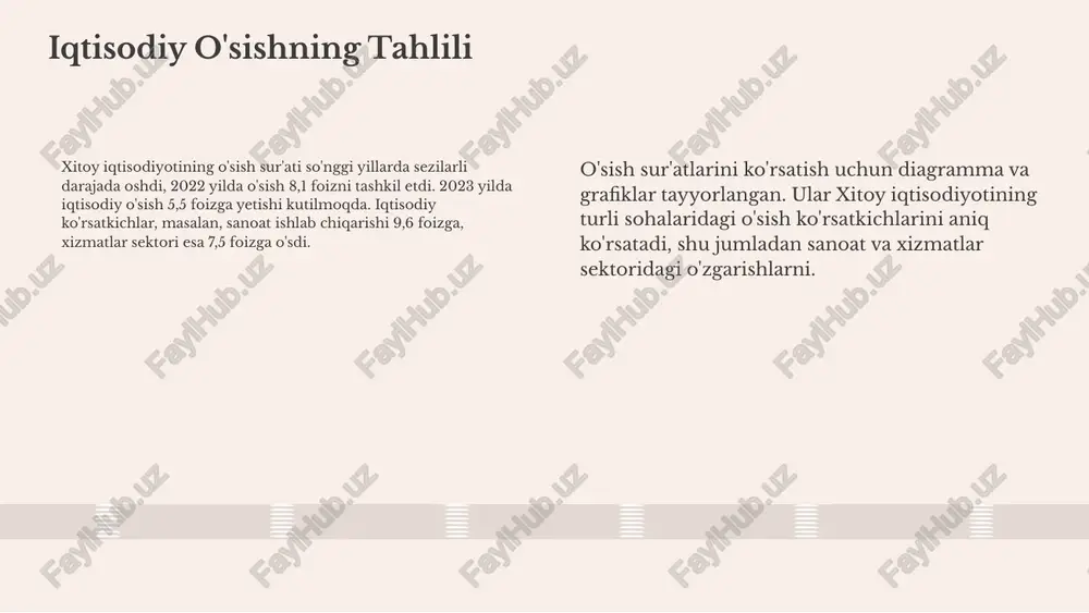 ni boshqarish maqsadida o'zgartirilmoqda. xitoyning global iqtisodiyotdagi roli xitoy bugungi kunda global iqtisodiyotda muhim rol o‘ynaydi. 2021 yilda xitoyning global iqtisodiy o‘sishidagi ulushi 18,5% ni tashkil etdi, bu esa uni dunyodagi eng yirik iqtisodiyotlardan biriga aylantirdi. xitoyning iqtisodiy strategiyalari, jumladan, "bir belbog‘, bir yo‘l" tashabbusi va texnologiyalarni rivojlantirishga qaratilgan siyosatlari global bozorni shakllantirishda muhim ahamiyatga ega. mutaxassislar fikriga ko‘ra, xitoy iqtisodiyoti kelajakda yanada kuchayadi. savdo va investitsiyalar: xitoyning ta'siri xitoyning global savdo tizimidagi o'rni muhim ahamiyatga ega. u jahon iqtisodiyotida eng yirik eksportchi va importchi hisoblanadi. xitoy investitsiyalari ko'plab davlatlarda iqtisodiy o'sishga ta'sir ko'rsatmoqda. iqtisodiy aloqalar kuchaymoqda, xitoy va boshqa davlatlar o'rtasida savdo hajmi ortmoqda. swot tahlilida xitoyning iqtisodiy ta'siri kuchli, ammo ba'zi xavf-xatarlar ham mavjud. xitoy iqtisodiy rivoji: muammolar va kutilmalar kutilayotgan iqtisodiy o'zgarishlar xitoy iqtisodiyotida muhim muammolar mavjud, jumladan, qarzlarni boshqarish va ekologik masalalar. rivojlanayotgan sektorlar va investitsiya imkoniyatlari kutilayotgan o'zgarishlar ichida global savdo aloqalarining kengayishi va yangi …