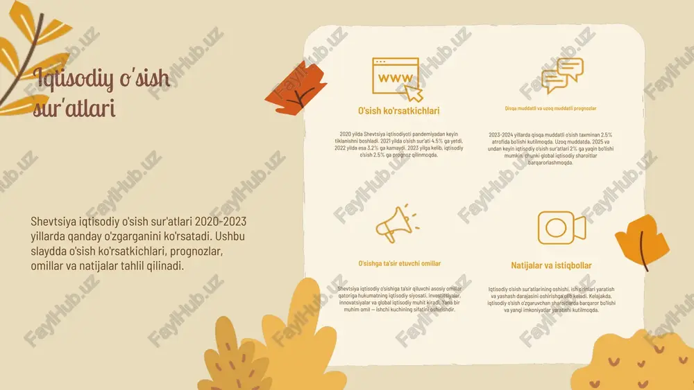 ing pasayishi iqtisodiy barqarorlikni ta'minlaydi va investitsiyalarni rag'batlantiradi. shuningdek, inflyatsiya nazorati strategiyalari, masalan, markaziy bankning pul siyosati, bu jarayonni boshqarishda muhim rol o'ynaydi. demografik o'zgarishlar tahlili demografik o'zgarishlar - bu aholi tarkibida yuz berayotgan o'zgarishlardir. aholi yosh tarkibi: aholining yosh guruhlari va ulushi, masalan, bolalar, o'smirlar, va qariyalar. o'zgarishlar sabablari: ijtimoiy, iqtisodiy va boshqa omillar demographic o'zgarishlarga ta'sir qiladi. statistik ma'lumotlar: so'ngi yillarda aholi o'sishi va migratsiya ko'rsatkichlari. 01 03 02 04 aholi sonining o'zgarishi ushbu slaydda o'zbekiston aholisining soni va o'zgarishlari haqida statistik ma'lumotlar taqdim etiladi. aholi sonining o'zgarishi o'zbekistonning aholi soni 2023-yilga kelib taxminan 35 milliondan oshdi. o'zbekistonning aholi soni har yili o'sib bormoqda, 2022-yilda o'sish sur'ati 1,5% ni tashkil etdi. yillik o'sish sur'atlari o'zbekiston aholisining yillik o'sish sur'ati so'nggi 10 yil davomida barqaror bo'lib, har yili o'rtacha 400 ming kishiga oshmoqda. bu o'sish asosan yoshlar va bolalar sonining ko'payishi bilan bog'liq. ko'rsatkichlar tahlili o'zbekiston aholisining o'sishi iqtisodiy …