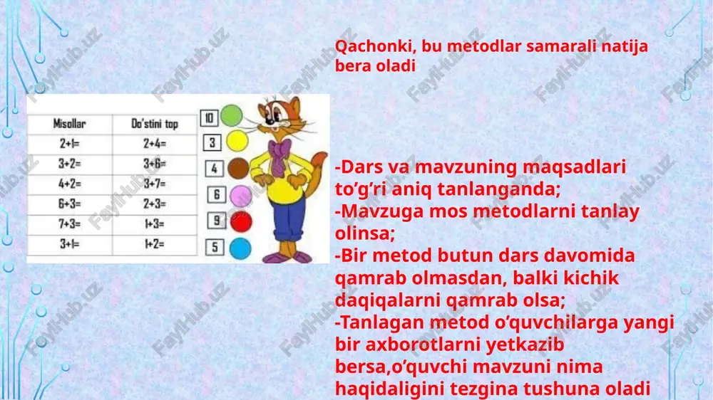 shga qiziqishi kuchaya boradi.bugungi kunda bir qator rivojlangan mamlakatlarda o'quvchilaming o'quv va ijodiy faolliklarini oshiruvchi hamda ta'lim-tarbiya jarayonining samaradorligini kafolatlovchi pedagogik texnologiyalarni qo'llash borasida katta tajriba to'plangan bo'lib, ushbu tajriba asoslarini tashkil etuvchi metodlar interfaol metodlar nomi bilan yuritiladi. quyida amaliyotida foydalaniladigan interfaol metodlardan bir nechtasining mohiyati va ulardan foydalanish borasida so'z yuritamiz. "fikriy hujum " metodi mazkur metod o'quvchilarning mashg'ulotlar jarayonidagi faolliklarini ta'minlash, ularni erkin fikr yuritishga rag'batlantirish hamda bir xil fikrlash inertsiyasidan ozod etish, muayyan mazvu yuzasidan rang-barang g'oyalarni to'plash, shuningdek, ijodiy vazifalarni hal etish jarayonining dastlabki bosqichida paydo bo'lgan fikrlarni yengishga o'rganish uchun xizmat qiladi."fikriy hujum" metodi a.f.osborn tomonidan tavsiya etilgan bo'lib, uning asosiy tamoyili va sharti mashg'ulotning har bir ishtirokchisi tomonidan o'rtaga tashlanayotgan fikrga nisbatan tanqidni mutlaqo ta'qiqlash, har qanday luqma va hazil-mutoyibalarni rag'batlantirishdan iboratdir. bundan ko'zlangan maqsad o'quvchilarning mashg'ulot jarayonidagi erkin ishtirokini ta'minlashdir. ta'lim jarayonida ushbu metoddan foydalanish o'qituvchining pedagogik mahorati va tafakkur ko'lamining kengligiga …