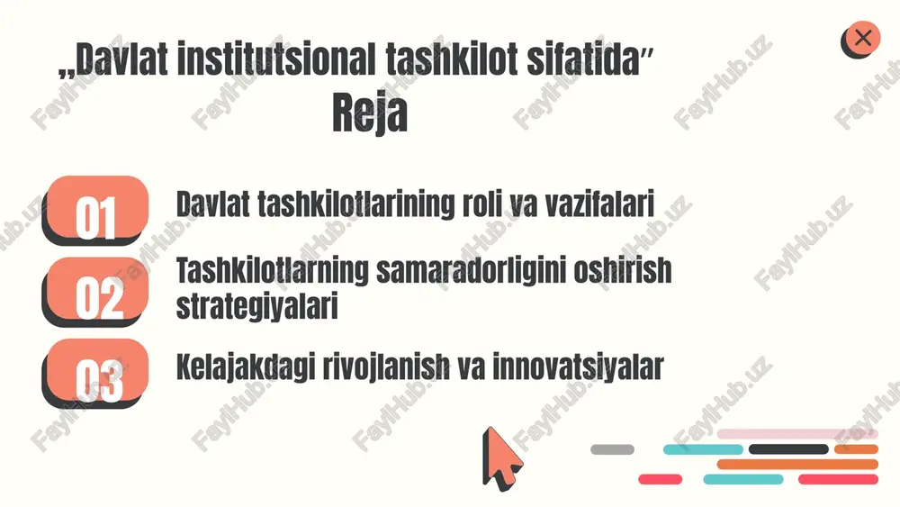 plash kelajakdagi rivojlanish strategiyalari rivojlanish strategiyalari davlat tashkilotlarining samaradorligini oshirishda muhim ahamiyatga ega. ular iqtisodiy o'sishni rag'batlantiradi, ijtimoiy muammolarni hal etadi va jamiyatning barqaror rivojlanishiga xizmat qiladi. innovatsion yondashuvlar: 1. raqamli transformatsiya; 2. tashkiliy o'zgarishlar; 3. xalqaro hamkorlik. davlat tashkilotlari uchun strategik yo'nalishlar: 1. barqaror rivojlanish; 2. ijtimoiy adolat; 3. xalqning ishtirokini oshirish. misollar: o'zbekistondagi “yoshlar strategiyasi” va “digital uzbekistan 2030” dasturlari muvaffaqiyatli strategiyalar sifatida e'tirof etilgan. innovatsiyalar: davlat tashkilotlari uchun kalit innovatsiyalar - bu yangi g'oyalar, mahsulotlar yoki jarayonlar bo'lib, ular orqali davlat tashkilotlari o'z faoliyatlarini samarali va sifatli amalga oshirish imkoniyatiga ega bo'lishadi. innovatsiyalar davlat tashkilotlarining raqobatbardoshligini oshiradi va jamoatchilik bilan munosabatlarini yaxshilaydi. - 1-qadam: muammoni aniqlash - mavjud muammolarni va imkoniyatlarni tahlil qilish. - 2-qadam: innovatsion g'oyani ishlab chiqish - yangi g'oyalarni yaratish va ularni baholash. - 3-qadam: innovatsiyani amalga oshirish - tanlangan g'oyani rejalashtirish va amalga oshirish jarayonini boshqarish. - 4-qadam: natijalarni baholash - amalga oshirilgan …
