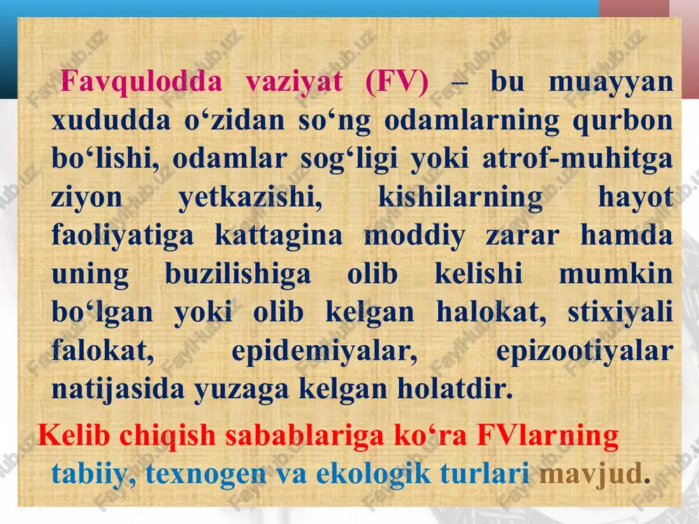 ral quvurlardagi halokatlar (avariyalar). kimyoviy havfli ob’ektlardagi halokatlar bu: a yong ‘in-portlash havfi mavjud bo ‘lgan ob’ektlardagi halokatlar bu: texnologik jarayonda portlaydigan, oson yonib ketadigan hamda boshqa yong‘in uchun’ havfli moddalar va _ materiallar ishlatiladigan yoki saqlanadigan ob’ektlardagi, odamlarning mexanik va termik shikastlanishiga, zaharlanishiga va o‘limiga, asosiy ishlab chiqarish fondlarining nobud bo‘lishiga, fvlar xududlarida ishlab chiqarish siklining va odamlar hayotining buzilishiga olib keladigan halokatlar, yong‘inlar va portlashlar; yy odamlarning shikastlanishiga, zaharlanishiga va o‘limiga olib kelgan hamda qidirish - qutqarish ishlarini o‘tkazishni nafas olish organlarini muhofaza qilishning maxsus anjomlarini va xaltalarini qo‘llanishni talab qiluvchi ko‘mir shaxtalaridagi va ruda sanoatidagi gaz va chang portlashi bilan bog‘liq avariya — yong‘inlar va jinslar qo‘porilishi. energetika va kommunal tizimlardagi halokatlar bu: sanoat va qishlog xo jaligi mas ‘ul iste ’molchilarining halokat tufayli energiya ta’minotisiz qgolishi-ga hamda aholi hayot faoliyatining buzilishiga olib kelgan ges, gres, teslardagi, ulkan issiqlik markazla-ridagi, elektr tarmoglaridagi bug ‘qozon bo ‘limmalaridagi, kompressor …