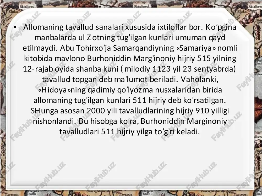 niddin marg’inoniyning ilmiy merosi o`z ahamiyatinn yo`qotmagan. jahondagi ko`p oliy o`quv yurtlarida musulmon huquqshunosligi fanlari burxoniddin marg’inoniyning fiqh ta`limoti asosida o`rganiladi. o`zbekiston mustaqillikka erishgandan so`ng uning ilmiy merosini har tomonlama chuqur o`rganish, asarlarini chop etish ishlariga katta eʼtibor berila boshlandi. o`zbekiston respublikasi prezidenti i.a. karimov tashabbusi bilan burxoniddin marg’inoniy vafotining 800 yilligi (1997), tavalludining 910 yilligi (hijriy sana bo`yicha) (2000) keng nishonlandi. shu munosabat bilan marg`ilon sh. markazida b. m. yodgorlik majmui bunyod etilib, shu yerda uning ramziy maqbarasi o`rnatildi. prezident i.a.karimovning ta`biri bilan aytganda, marg`inoniy yashagan zamon - sharq uyg`onish davrining birinchi bosqichi bo`lmish x-xii asarllarda movaraunnahr zaminidda ilmu-fan gurkirab rivojlangan, jamiyat taraqqiyoti uchun islom huquqini to`g`ri anglash va amal qilish muhum ijtimoiy zaruriyatga aylangan edi. marg`inoniy esa o`z asarlarida o`sha zamonlarda mo`min-musulmonlar duch keladigan dolzarb hayotiy masalalar, jumladan, oilaviy va ijtimoiy munosabatlar, mulkchilik, savdo-sotiq, jinoyat va jazo, insonnning burch va ma`suliyatlariga ta`luqli ko`p- ko`p murakkab muammolarni islomiy huquq …