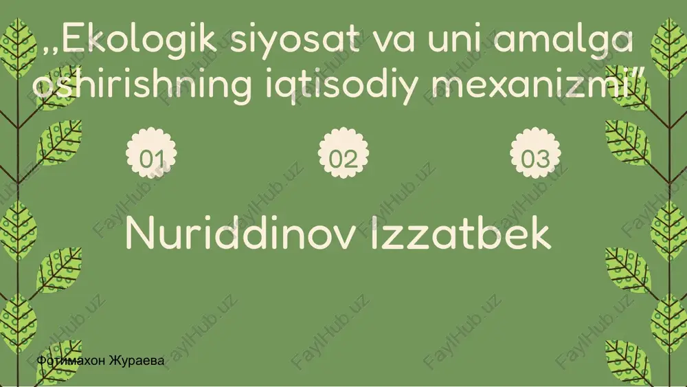 ga oshirishga muvaffaq bo'lmoqda. shu bilan birga, iqtisodiy mexanizmlar ijtimoiy adolatni ta'minlashda ham muhimdir, masalan, ta'lim va sog'liqni saqlash sohalarida investitsiyalarni oshirish orqali. photo by marco canepa on unsplash ekologik siyosatning iqtisodiy ta'siri ekologik siyosatning iqtisodiy ta'siri bir qator muhim jihatlarni o‘z ichiga oladi: 1. **resurslardan foydalanish**: ekologik siyosatlar tabiiy resurslardan oqilona foydalanishni ta'minlaydi, bu esa iqtisodiy barqarorlikni oshiradi. masalan, suv resurslarining tejash borasida amalga oshirilgan chora-tadbirlar qishloq xo‘jaligida samaradorlikni oshirishga yordam bermoqda. 2. **ish o‘rinlari yaratish**: yashil iqtisodiyotga o‘tish yangi ish o‘rinlarini yaratadi. masalan, qayta tiklanuvchi energiya manbalariga investitsiyalar kiritilishi natijasida ko‘plab yangi ish joylari ochilmoqda. 3. **iqtisodiy o‘sish va barqarorlik**: ekologik siyosat iqtisodiy o‘sishni barqarorlashtirishga yordam beradi. o‘zbekistonning ekologik siyosatidagi islohotlar iqtisodiy o‘sish sur'atlarini oshirgan. 4. **salbiy ta'sirlar**: biroq, ekologik siyosatlar ayrim sanoat sohalarida qisqartirishlarga olib kelishi mumkin. masalan, qat'iy ekologik talablar ba'zi korxonalarni yopilishiga sabab bo‘lishi mumkin. 5. **statistik ma'lumotlar**: o‘zbekistonning qishloq xo‘jaligi sohasidagi ekologik islohotlar natijasida …