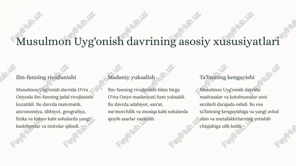 hissa qo'shdilar. ular evklid geometriyasini chuqur o'rganishdi va yangi geometrik shakllarni kashf etdilar. ular geometriyani amaliy muammolarni echishda ham qo'llashdi, masalan, binolarni qurishda va erlarni o'lchashda. 3 trigonometriya musulmon allomalar trigonometriyani rivojlantirishga katta hissa qo'shdilar. ular sinus, kosinus va tangent funktsiyalarini o'rganishdi va trigonometrik jadvallarni tuzdilar. ular trigonometriyani astronomiya va navigatsiyada qo'llashdi. 7 musulmon uyg'onish davrida fizika ilmining rivojlanishi 1 optika ibn al-haytham (alhazen) tomonidan nur haqida kashfiyotlar. 2 mexanika al-jazari tomonidan mexanik qurilmalar yaratilishi. 3 astronomiya astronomik kuzatuvlar va hisob-kitoblar olib borilishi. musulmon uyg'onish davrida fizika sohasi sezilarli taraqqiyotga erishdi. xususan, optika sohasida ibn al-haytham nur haqida chuqur kashfiyotlar qildi. uning "optika kitobi" asari nurning to'g'ri chiziqda tarqalishi, aks etish va sinish hodisalari haqida batafsil ma'lumot beradi. mexanika sohasida esa al-jazari o'zining mashhur "mexanik qurilmalar kitobi"da suv soatlari, avtomatik eshiklar kabi ajoyib mexanik qurilmalarni tavsiflaydi. 8 musulmon uyg'onish davrida kimyo ilmining rivojlanishi 1 al-razi va uning kimyoviy tajribalari abu …