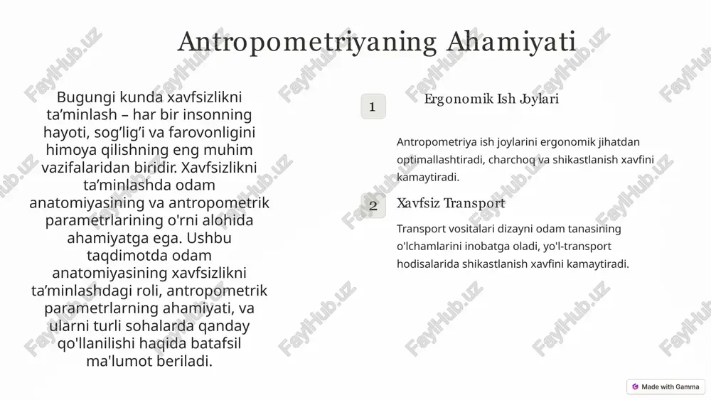 asi va antropometriya - xavfsizlikning kaliti 1 xavfsizlik 2 ergonomika ish joylari va jihozlarning dizayni 3 antropometriya odam tanasi o'lchovlarini hisobga olish 8 kelajakda nima? 1 texnologiya kelajakda texnologiya odam anatomiyasi va antropometriya bilimlarini yanada keng qo'llash imkoniyatlarini yaratadi. bu esa yangi xavfsizlik tizimlari va vositalarining paydo bo'lishiga olib keladi. 2 tadqiqotlar odam anatomiyasi va antropometriya sohasidagi tadqiqotlar davom etadi, bu esa xavfsizlikni ta’minlash usullarini yanada takomillashtirishga imkon beradi. 9 xulosa odam anatomiyasi va antropometrik parametrlar xavfsizlikni ta'minlashning asosiy omillaridir. ergonomik dizayn, xavfsizlik vositalari va tadqiqotlar orqali insonlarning salomatligini va xavfsizligini ta'minlash mumkin. xavfsizlikni ta'minlashda bu bilimlarni qo'llash orqali, biz hammamiz xavfsizroq va sog'lomroq dunyoda yashay olamiz. 10 image1.png image2.png image3.png image4.png image5.png image6.png image7.png image8.png image9.png image10.png image11.png image12.png image13.png image14.png image15.png image16.png @ made with gamma