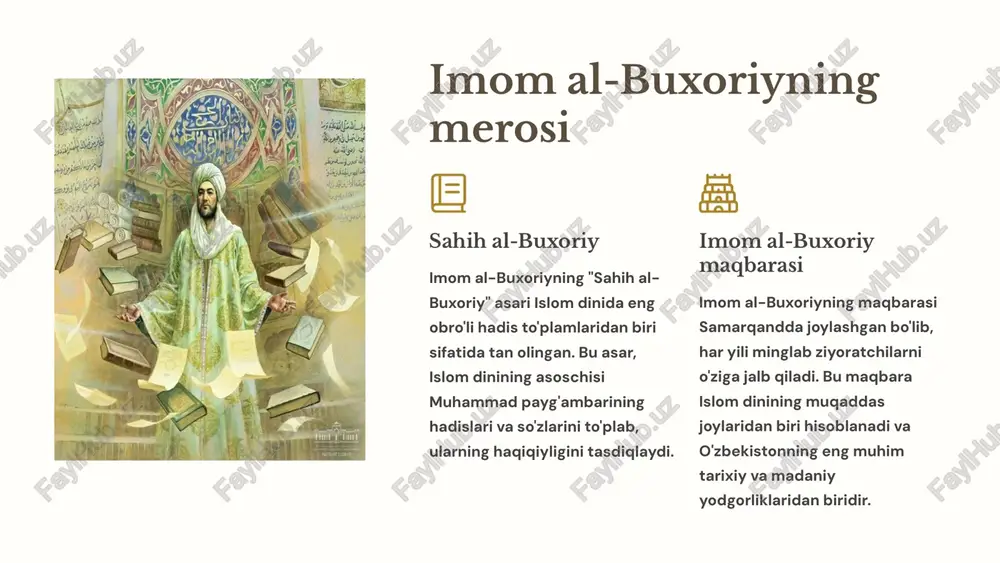 hi va mufassir bo'lgan. u o'zining "al-kashshof" asariga ko'ra mashhur. "al-kashshof" asari "al-kashshof" qur'onning mashhur sharhlaridan biri bo'lib, tushunchalarni aniqlash va tafsirlarni osonlashtirishga qaratilgan. toshkent u toshkentda tug'ilgan va o'zining ilmiy va adabiy faoliyatini olib borgan. abul-qosim az-zamahshariy - "al-mufassal" asarining ahamiyati tilshunoslik abul-qosim az-zamahshariy arab tili grammatikasi bo'yicha chuqur bilimlarga ega bo'lgan va "al-mufassal" asari bilan arab tilining grammatikasi va lug'aviy boyligini tadqiq qilishda katta hissa qo'shgan. tarix uning "al-mufassal" asari o'z davrida arab tilining eng yirik grammatik asarlaridan biri bo'lgan va keyingi avlod tilshunoslariga katta ta'sir ko'rsatgan. madaniyat asar nafaqat tilshunoslik sohasida, balki madaniy rivojlanishda ham muhim rol o'ynadi, chunki u arab tili va adabiyotining chuqur tahlilini taqdim etadi. abul-mo'in an-nasafiy hayot va faoliyati abul-mo'in an-nasafiy (1213-1273) o'zbek xalqining buyuk mutafakkiri, huquqshunos va islomiy olimi hisoblanadi. u nasaf shahri (hozirgi qashqadaryo viloyati) da tug'ilgan. an-nasafiy islomiy huquqshunoslik, tafsir, hadis va mantiq sohalarida chuqur bilimlarga ega edi. "bahrulmuluk" asarining …