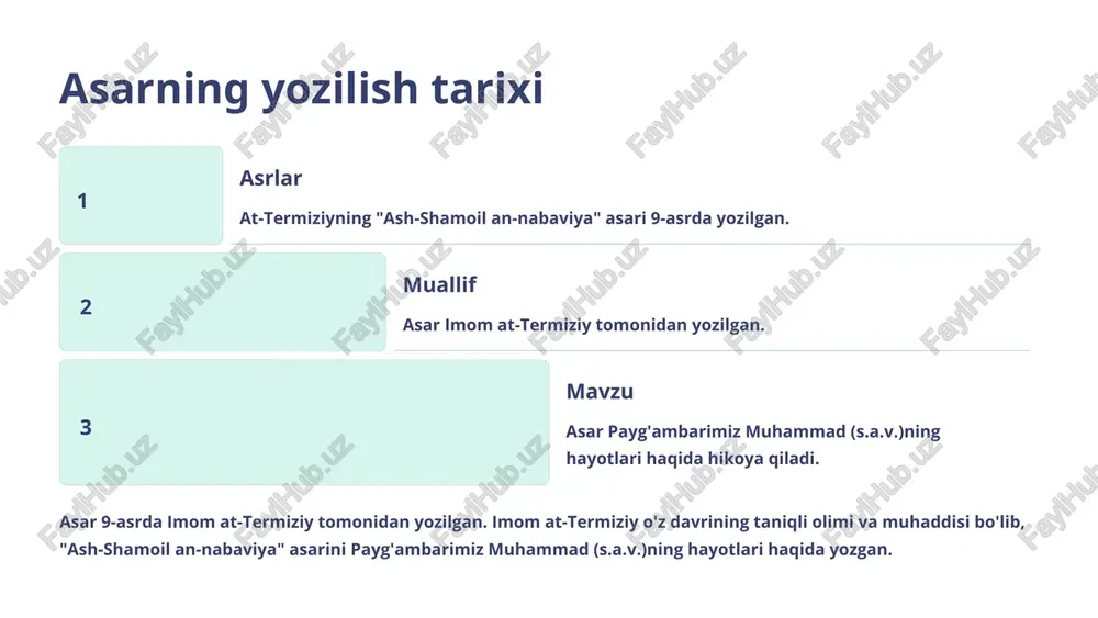 lgan. asar tili she'riy, badiiy va o'ziga xos uslubga ega bo'lib, o'quvchini o'ziga jalb qiladi. usub asarda hikoya qilish uslubi ishlatilgan, bu esa o'quvchi tomonidan oson tushuniladigan va xotirada saqlanadigan voqealarni taqdim etish imkonini beradi. 9 asarning adabiy qiymati til boyligi qahramonlar mavzular uslub adabiy vositalar at-termiziyning "ash-shamoil an-nabaviya" asari o'zbek adabiyotida o'ziga xos o'rin egallaydi. asarning adabiy qiymatini quyidagi omillar belgilaydi: boy tili, hayotiy va jozibador qahramonlar, muhim mavzularni yoritish, o'ziga xos uslub va turli adabiy vositalardan mohirlik bilan foydalanish. 10 asarning xx asr o'zbek adabiyotidagi o'rni adabiy merosimizning davomi at-termiziyning "ash-shamoil an-nabaviya" asari o'zbek adabiyoti tarixida muhim o'rin tutadi. bu asar xx asr o'zbek yozuvchilarining ijodiga kuchli ta'sir ko'rsatdi. asarda aks etgan tarixiy voqealar, insoniyat qadriyatlari va adabiy uslublar zamonaviy yozuvchilar tomonidan o'ziga xos tarzda talqin etildi. zamonaviy adabiyotga ta'siri asarda uchraydigan til va uslub, obrazlar va syujetlar o'zbek adabiyotida o'zining davomini topdi. ko'plab zamonaviy yozuvchilar at-termiziyning asarlaridan …