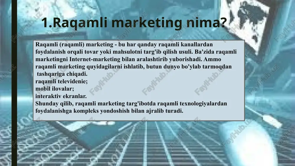 u esa savdo hajmini oshiradi va sodiqlikni oshiradi. virusli effekt va arzon reklama kanallari reklama xarajatlarini kamaytiradi. raqamli reklama: asosiy farqlar raqamli reklama odatiy marketing qonunlarining aksariyatiga qarshi turadi. oflayn reklama iste'molchilar talabini keltirib chiqarsa, raqamli reklama uni qondirishga intiladi. bunga maqsadli auditoriyaga e'tibor qaratish orqali erishiladi. analitika va statistika tizimlari foydalanuvchilarning kerakli so'rovlar bo'yicha o'tishini kuzatishga, ularning global tarmoqdagi harakatlarini kuzatishga yordam beradi. 7 raqamli marketing dasturlariga misollar raqamli televidenie raqamli televidenie analogni faol ravishda almashtiradi va internet-ilovalar bilan ulanadi. televizor yordamida odamlar allaqachon o'zlarining akkauntlariga ijtimoiy tarmoqlarda kirishlari, videoni tomosha qilishlari va yangiliklar lentasida harakat qilishlari mumkin. interaktiv ekranlar ular do'konlarda, ko'chalarda va hatto metroda, ko'chib o'tishda topilgan tashqi reklama... kanal sizga iste'molchi bilan yaqin aloqada bo'lishga, uni xabar bilan bog'lashga va xaridni amalga oshirishda yordam berishga imkon beradi. raqamli asboblar qurilmalar keyinchalik telefon yoki kompyuterga yuklangan ma'lumotlarni to'playdi. masalan, siz qon bosimini, pulsni o'lchashingiz, qilingan qadamlar sonini …