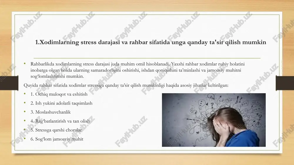 moniy belgilar tez-tez bosh og'rig'i charchash va energiya yo'qligi uyqu muammolari immun tizimining zaiflashuvi emotsional belgilar xavotir va depressiya kayfiyatning tez o'zgarishi motivatsiya yo'qolishi e'tiborni jamlay olmaslik xulq-atvor belgilari ishga kech kelish yoki yo'q bo'lish ish sifatining pasayishi hamkasblardan uzoqlashish salbiy munosabat stressning dastlabki belgilarini aniqlash va ularga e'tibor berish muhimdir. ko'pincha xodimlar o'zlari stress holatida ekanliklarini tan olmaydilar yoki bunga e'tibor bermaydilar. rahbar sifatida siz jamoangiz a'zolaridagi o'zgarishlarni kuzatib borish va vaqtida yordam taklif qilishingiz kerak. 12 xodimlar uchun stress boshqaruv treninglari vaqtni boshqarish xodimlarga vazifalarni samarali rejalashtirishni, ustuvorliklarni belgilashni va vaqtni unumli sarflashni o'rgatadigan treninglar. bu ortiqcha ish yuklamasini kamaytiradi va stress darajasini pasaytiradi. nizolarni hal qilish ish joyidagi nizolarni samarali hal qilish va konstruktiv muloqot qilish ko'nikmalarini o'rgatadigan mashg'ulotlar. bu shaxslararo munosabatlar bilan bog'liq stressni kamaytiradi. meditatsiya va nafas olish mashqlari xodimlarga kundalik stressni yengishga yordam beradigan meditatsiya, mindfulness va chuqur nafas olish texnikalarini o'rgatadigan seanslar. bu …