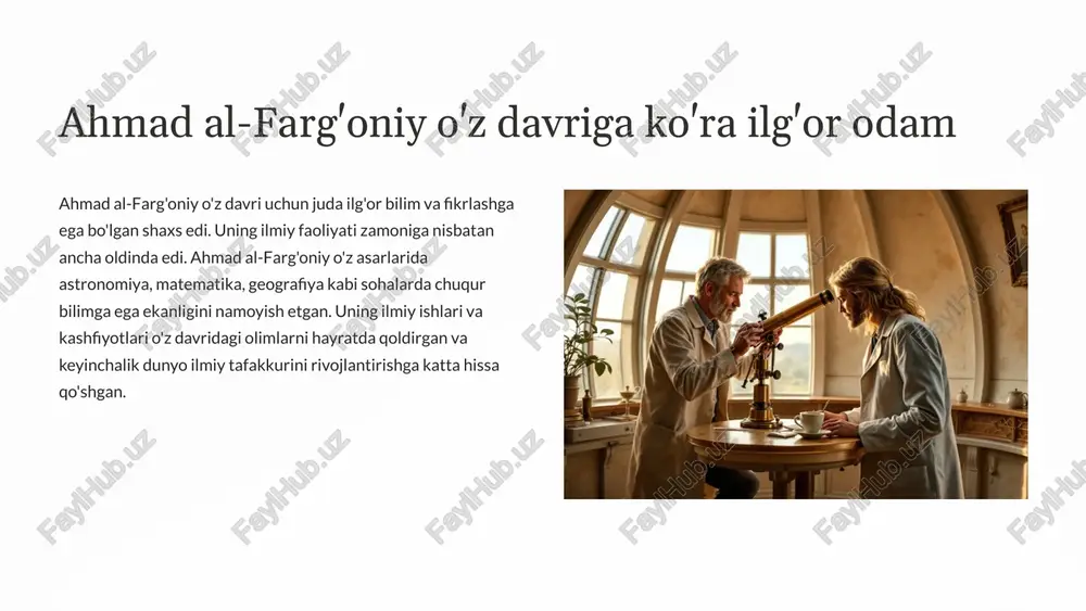 stronomiya, matematika va geografiya sohalarini qamrab oladi. 8 tarixiy muhitda ahmad al-farg'oniyning o'rni 1 ilm-fan rivojiga qo'shgan hissa 2 o'z davrining ilg'or mutafakkiri 3 o'rta osiyo ilmiy maktabining vakili ahmad al-farg'oniy o'z davrida ilm-fanning rivojiga katta hissa qo'shgan mutafakkir sifatida tanilgan. u o'zining chuqur bilimlari va ilmiy izlanishlari bilan o'sha davrdagi boshqa mutafakkirlar orasida alohida o'rin egallagan. uning ilmiy ishlari va kashfiyotlari o'rta asr ilmiy fikrining rivojlanishiga katta ta'sir ko'rsatgan. ahmad al-farg'oniy nafaqat o'z davri, balki keyingi avlodlar uchun ham ilmiy merosi bilan ma'lum bo'lib qolgan. 9 yurtimizda uning xotirasini abadiylashtirish monument va haykal ahmad al-farg'oniyning xotirasiga bag'ishlangan monumentlar va haykallar, uning ilmiy yutuqlari va tarixiy ahamiyatini eslatish va kelajak avlodlarga o'rnak bo'lish uchun muhimdir. kutubxonalar va arxivlar uning asarlarining nusxalari saqlanib qolgan kutubxonalar va arxivlar uning merosiga hurmat va e'tibor belgisi hisoblanadi. shuningdek, ahmad al-farg'oniy haqidagi kitoblar va maqolalarni nashr etish ham muhimdir. ta'lim muassasalari ta'lim muassasalari, ayniqsa, oliy …
