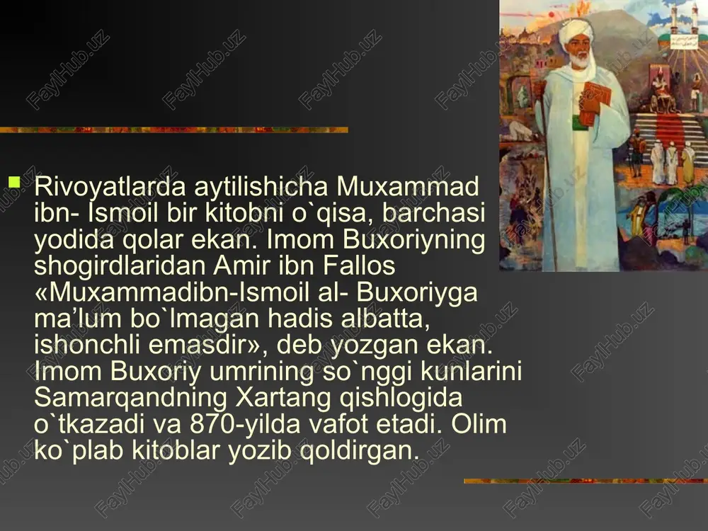 ildi. alloma imom iso at-termiziy (824—892) — termiz shahrida dunyoga kelgan. boshqa hadischi olimlar kabi at-termiziy ham yoshlik chog'idan hadis mutolaasiga kirishib, imom al-buxoriyga shogird bo'lgan. alloma termiziy asari tarkibiy jihatdan bir qancha boblarga bo'linadi, unda tahorat, salot (namoz), zakot, ro'za, haj, janoza, nikoh, emizish, taloq, savdo-sotiq, rozilik ahkom-lari, tovon to'lash, me'yor, sayd, qurbonlik, nazr-niyoz, iymon, siyratlar, jihod, kiyim-kechak (libos), taomlar, ichimliklar (al-ashriba), xayr-ehson va saxovat, tabobat, huruju fitnalar, bashoratlar, shahodat, jannat sifatlari, jahannam sifatlari, ilm, izn so'rash va odob masalalari, qur'on fazilatlari, qiroat, tafsir, duolar, manoqiblar (fa-zilatlar), illatlar haqidagi boblar keltiriladi. islom axloqi hadislarining yana bir muhim mavzu yo'nalishi bu jarayonda, avvalo an’anaviy axloq tizimiga rahna solinmasligi, insoniy qadriyatlar tanazzuliga yo’l qo’ymasligiga, shaxs va jamoa manfaatlari o’rtasida shakllangan muvozanat me’yori buzulmasligiga alohida ahamiyat berildi. «axloq,-deb ta’kidladi prezident i. karimov - bu avvalo insof va adolat tuyіusi, iymon, halollik degani. qadimgi ajdodlarimiz komil inson haqida butun bir axloqiy talablar majmuini, …