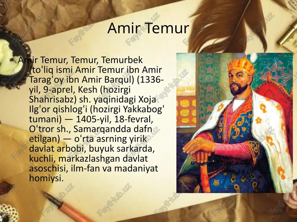 opgan jaloliddin manguberdi temur malik boshchiligidagi 300 suvoriy bilan gurganjni tark etib xurosonga yoʻl olgan. zahiriddin muhammad bobur bobur (taxallusi; toʻliq ismi zahiriddin muhammad ibn umarshayx mirzo) (1483.14.2, andijon 1530.26.12, agra) — oʻzbek mumtoz adabiyotining yirik vakili: buyuk shoir; tarixchi, geograf; davlat arbobi, isteʼdodli sarkarda; boburiylar sulolasi asoschisi, temuriy shahzoda. boburning otasi — umarshayx mirzo fargʻona viloyati hokimi, onasi — qutlugʻ nigorxonim moʻgʻuliston xoni va toshkent hokimi yunusxonnint qizi edi. boburning onasi oʻqimishli va oqila ayol boʻlib, boburga hokimiyatni boshqarish ishlarida faol koʻmak bergan, harbiy yurishlarida unga hamroxlik qilgan. umarshayx mirzo xonadoni poytaxt andijonning arki ichida yashar edi. hokim yoz oylari sirdaryo boʻyida, axsida, yilning qolgan faslini andijonda oʻtkazardi. boburning yoshligi andijonda oʻtgan. bobur barcha temuriy shahzodalar kabi maxsus tarbiyachilar, yirik fozilu ulamolar ustozligida harbiy taʼlim, fiqx ilmi, arab va fors tillarini oʻrganadi, koʻplab tarixiy va adabiy asarlar mutolaa qiladi, ilmfanga, sheʼriyatga qiziqa boshlaydi. dovyurakligi va jasurligi uchun u yoshligidan …