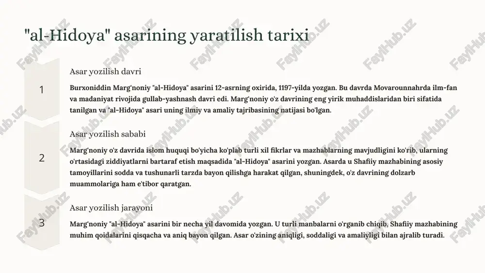 n biri bu shariatning eng muhim qoidalari va ularning amaliy qo'llanilishini tushuntirishda soddaligi va aniqligi. 6 asardagi didaktik g'oyalar amaliy yondashuv "al-hidoya" asari faqat nazariy ma'lumotlarni emas, balki ularning amaliy qo'llanilishini ham ko'rsatadi. marg'noniy shariat qoidalari, ibodatlar va boshqa diniy amallarni bajarib, ularni kundalik hayotga tatbiq etishga urg'u beradi. bu asarning didaktik ahamiyatini oshiradi. tushunarli til marg'noniy o'z asarini oddiy va tushunarli til bilan yozgan. u murakkab huquqiy tushunchalarni sodda va tushunarli qilib tushuntiradi. bu asarni keng o'quvchilar doirasida o'qish va tushunish imkonini beradi. misol va hikoyalar asarda ko'plab amaliy misollar va hikoyalar keltirilgan. bu misollar va hikoyalar orqali marg'noniy shariat qoidalarini tushuntirishni yanada osonlashtiradi va o'quvchilarga ularni yaxshiroq eslab qolishga yordam beradi. 7 "al-hidoya"ning ta'limiy-tarbiyaviy vazifasi islomiy bilimlarni o'rgatish "al-hidoya" asari islomiy huquq va shariat qoidalari, fiqh masalalari va ularning amaliy hayotdagi qo'llanilishi haqida chuqur bilimlar beradi. axloqiy tarbiya asar musulmonlarning axloqiy qadriyatlariga, insoniylikka, to'g'rilikka, halollikka va boshqa fazilatlarga …