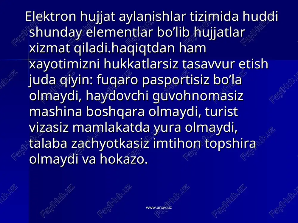 ligini ta’minlay oladigan dasturiy va texnik vositalar; asosli huquqiy (yuridik) ta’minot – qonunlar, ko’rsatmalar, instruksiyalarva boshqalar; elektron raqamli imzo va hujjatlar uchun kerakli bo’lgan boshqa rekvizitsiyalar. har qanday tashkilot uchun hujjatlarning 3 asosiy oqimini ko’rsatish mumkin: kirish hujjatlari ichki hujjatlar chiqish hujjatlari www.arxiv.uz www.arxiv.uz korxona ish yuritishning funksiyalari kirish ma’lumotlarini qabul qilish va qayta ishlashdan, ularni korxona ichida kerakli bo’lim yoki insonlarga jo’natishdan, chiqish hujjatlarini jo’natishdan, hujjatlarni hisobga olishdan, qayd qilishdan, ijroni nazorat qilishdan, hujjalarni saqlashdan va boshqarishdan iborat. www.arxiv.uz www.arxiv.uz elektron hujjatlar aylanishni boshqarish tizimi yuqoridagi quyidagi ishlarni avtomatlashtirishuchun mo’ljallagan: korxonadagi turli xil hujjatlarni tayyorlash, kiritish, saqlash,qidirish va chiqarish jarayonlari – “elektron arxiv” tizimi. hujjatlarning standart formalarini tayyorlash, kiritish, saqlash, qidirish va chiqarsh jarayonlari – “hujjatlarning standart formalarini kiritish” tizimi. ish yuritishni boshqarish, ya’ni hujjatlarni hosil qilish, ularga ishlov berish vahujjatlarni arxivda saqlashni tashkil qilish – “ish yuritish” tizimi. www.arxiv.uz www.arxiv.uz bunda quyidagi jarayonlar avtomatizatsiya obyekti bo’ladi: hujjatlarni tayyorlash; …
