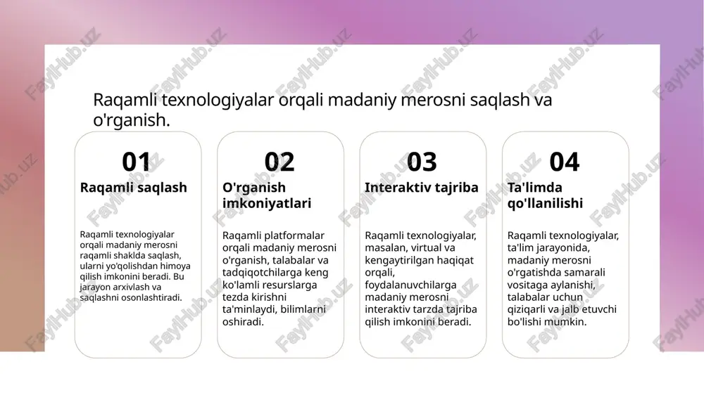 ijalarni kengaytiradi. interaktiv ma'lumotlar: raqamli tarixning yangi ufqlari. 01 interaktiv ma'lumotlar interaktiv ma'lumotlar, foydalanuvchilarni o'zaro aloqada bo'lishga undaydi, ularni tarixiy ma'lumotlar bilan bog'laydi va tajribalarni boyitadi. 02 raqamli xaritalar raqamli xaritalar orqali tarixiy joylar va voqealar interaktiv tarzda ko'rsatiladi, bu esa talabalarga o'zbek tarixini chuqurroq tushunishga yordam beradi. 03 vizualizatsiya usullari vizualizatsiya orqali ma'lumotlar osonroq tushuniladi, murakkab tarixiy jarayonlar va ma'lumotlar grafik ko'rinishda taqdim etiladi, bu esa ta'limni samarali qiladi. o'zbek tarixini raqamli tadqiq qilish: yangi imkoniyatlar va metodologiyalar. 01 raqamli metodlar raqamli tarixda yangi metodlar, masalan, gis va statistik tahlil, o'zbek tarixini chuqurroq o'rganish imkonini beradi. 02 ma'lumotlar bazalari raqamli tadqiqotlar uchun o'zbek tarixiga oid ma'lumotlar bazalari yaratilishi, tarixiy manbalarni osongina topish va tahlil qilishga yordam beradi. 03 interaktiv platformalar interaktiv platformalar orqali o'zbek tarixini o'rganish, foydalanuvchilarni jalb etib, tarixiy voqealarni yanada qiziqarli va tushunarli qiladi. raqamli tarix orqali o'zbekiston madaniy merosini saqlash va o'rganish. raqamli saqlash o'rganish imkoniyatlari …