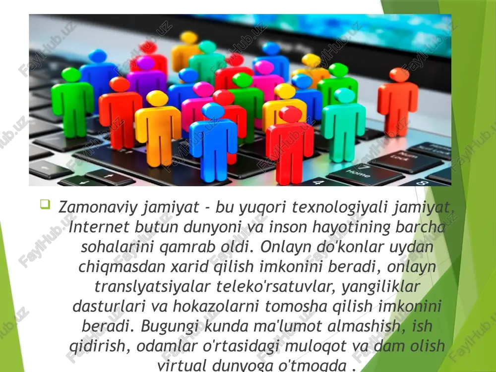 12 yoshdan 45 yoshgacha bo'lgan odamlardir. psixologlar o'smirlarga ko'proq e'tibor berishadi, chunki ularning yoshidagi psixika beqaror bo'lib, internetga qaramlik deb ataladigan psixologik kasallik paydo bo'ladi. bu kasallik o'smirlarning maktabdagi faoliyatiga, shuningdek, dunyoqarashiga ta'sir qiladi. statistikaga ko'ra, har hafta bolalar ijtimoiy tarmoqlarda o'tkazadilar : 7 dan 14 soatgacha - 23%, 14-21 soat - 57% va 21 soatdan ortiq - 20%. har beshinchi bola haftaning etti kunidan bir kunini ijtimoiy tarmoqlarda o'tkazadi. internetga qaramlik - bu turli xil komplekslarni, masalan, pastlik kompleksini keltirib chiqarishi mumkin bo'lgan psixologik kasallik. bolada ushbu turdagi buzilishlarni rivojlanishiga yo'l qo'ymaslik uchun uning ijtimoiy tarmoqlardagi sahifalariga qanchalik tez-tez tashrif buyurishini , shuningdek, ma'lum vaqt davomida internetdan foydalanish taqiqlanganiga munosabatini kuzatib borish kerak . agar o'smir tajovuzkor munosabatda bo'lsa, unda chora ko'rish kerak. xulosa shuki : internet-muloqot hayotimizni to'ldirishi kerak va bizning barcha faoliyatimizning asosi bo'lmasligi kerak! ijtimoiy tarmoqlar juda foydali bo'lishi mumkin. ammo ijtimoiy tarmoqlardan ortiqcha foydalanish giyohvandlikka, …