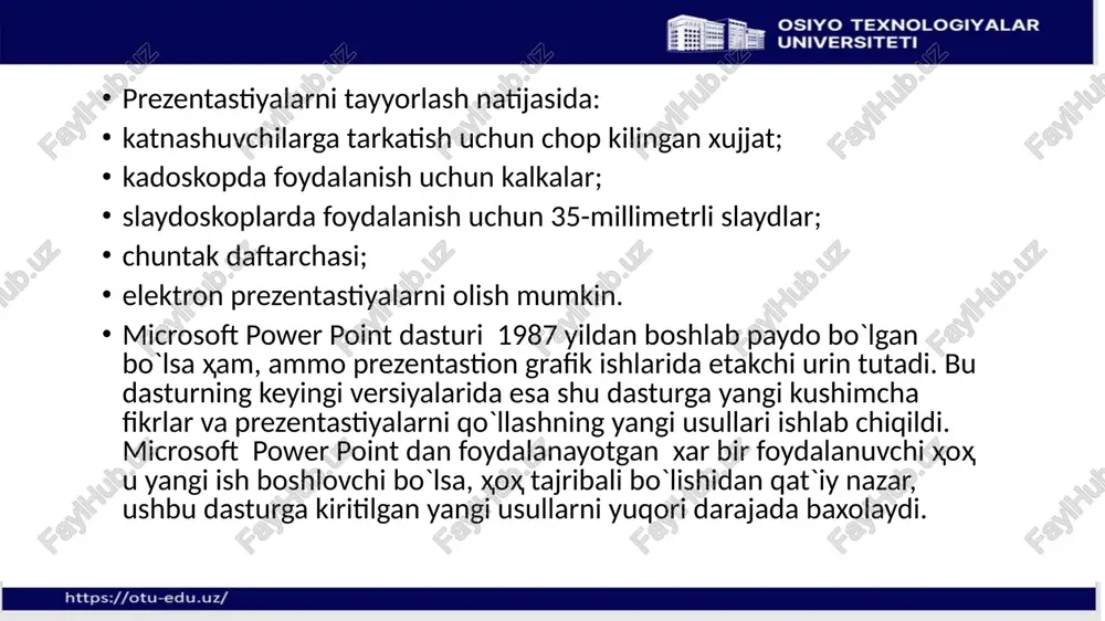 hning bir necha usullari mavjud bo`lib foydalanuvchi ulardan o`ziga ma`qul kelganidan foydalanishi mumkin. 1. fayl menyusiga kiramiz va u erdan - saqlash buyrug'ini tanlash yoki [ctrlqs] tugmalarini bosish. agar ushbu holatda faylga oldin nom berilgan bo`lsa kiritilgan o`zgartirishlarni fayl ustiga saqlab qo`yadi. agar faylga oldin nom berilmagan bo`lsa, faylni saqlashga nom kiritish va saqlash joyini ko`rsatish muloqot oynasi paydo bo`ladi. ushbu muloqot oynasining “imya fayla” – fayl nomi bo`limining taklif qatoriga faylga nom kiritasiz va “soxranit” –saqlash tugmachasini bertasiz. aksariyat holda saqlash uchun joyni “moi dokumento'” papkasiga ko`rsatiladi. chunki oldingi darslarimizda “moi dokumento'” papkasi xujjatlarni saqlash uchun maxsus papka ekanligini aytib o`tdik. ushbu oynaning tip fayla bo`limidan fayl tipini belgilashimiz mumkin. fayl tipi avtomatik tarzda “prezentastiya” holatida turadi. agar biz yaratgan taqjimotimizni power point dasturi o`rnatilmagan kompyuterda ham ko`rishni hohlasak fayl tipini “demonstrastiya power point” ko`rinishida belgilaymiz. fayl kengaytmasi pps bo`ladi. standart uskunalar panelidagi uskunasini sichqonchani chap tugmachasi bilan bir …