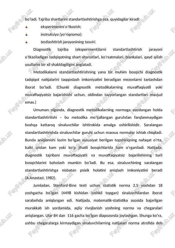 ektiv tarzda berilgan ijtimoiy-psixologik normativ ahamiyatliroq hisoblanadi. bu o’rinda, ijtimoiy-psixologik normativ testni tashkil qiladigan topshiriqlar yig’indisidan iborat bo’ladi. binobarin, testning o’zi ham mavjud hajmi bilan bunday normativ vazifasini bajara oladi. testni individual va guruhiy natijalarning taqqoslanishi talabga muvofiq maksimum darajada amalga oshiriladi. baholash mezoni bo’lib normativga yaqin natijalarni aks ettiradigan ko’rsatkichlar hisoblanadi. 3. ma’lumotlarni to’plash bosqichi va psixodiognostik vaziyatlar klassifikasiyasi d iagnostik metodlar yordamida ma’lumotlar to’plash jarayoni o’rganilayotgan hodisa va sinaluvchi haqidagi obyektiv halqa subyektiv ko’rsatkichlar jamlanmasi bilan tanishishdan boshlanadi. barcha mashhur psixodiagnostik metodikalar mualliflari, tadqiq qilinayotgan sinaluvchining o’tmishi va hozirgi hayoti haqida mukammal o’rganib chiqishga katta ahamiyat beradilar. bu bilan tadqiqotning asosiy foni yaratilib, tashxis va tahlil uchun zarur bulgan shaxsni umumiy obraz elementlari belgilanadi. psixologik adabiyotlarda psixodiagnostik jarayon hisoblangan “tadqiqotchi-sinaluvchi” kabi o’zaro munosabat tizimini yaratilishiga daxldor turli o’zgaruvchanlar ta’sirini tahlil qilishga keng o’rin ajratilgan. odatda bu ta’sirning: · vaziyatli o’zgaruvchanlar; · tadqiqot vazifasining o’zgaruvchan maqsadlari; · tadqiqotchi va …