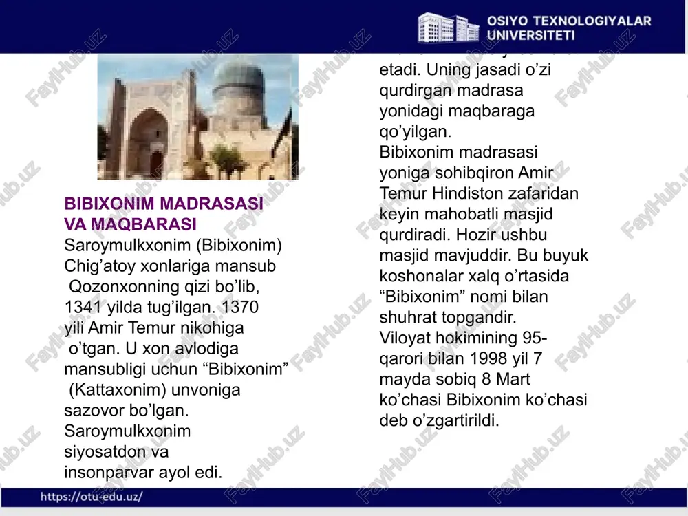 sr arxitektura yodgorligi, temuriylarning so’nggi daxmasi. unda ashratxona va go’ri amir maqbarasidan tashqari qo’shimcha dahma sifatida temuriyzodalar jasadi qo’yilgan. oqsaroy abu sayyid va sulton ahmad mirzo hukmronligi davrida qurilgan. bugun oqsaroy ta’mirlanmoqda. qadimiy shuxrati tiklanmoqda. viloyat hokimining 81-qarori bilan 1995 yil 24 aprelda oxunboboev ko’chasining bir qismi oqsaroy ko’chasi deb o’zgartirildi. sherdor madrasasi mazkur madrasa xvii asr me’morchiligi yutuqlari asosida qurilgan. madrasaning old tomoni ulkan peshtoq bilan bezatilgan. peshtoq ravog`i tepasidagi timpanda qizg`ish-zarhal sher oq ohuni quvlamoqda. quyosh bodomqovoq, qiyiq ko’zli yuz shaklida tasvirlanadi. madrasa peshtoqidagi sher, ohu va quyosh tasvirlari shu ma’nodaki, quyosh- shamsiy yilning beshinchi oyi asad (sher), o’ninchi oyi esa jaddiy(kiyik ohu) dir. asad o’n ikki burj oylarining burji otash, ya’ni o’z oylari guruhga kirsa, jaddiy burji ob- qish oylariga kiradi. madrasaning qurila boshlashi va tugallanishi shu oylarga to’g`ri kelgan bo’lishi ehtimol. madrasa peshtoqida yalangto’shbiy bahodirni ulug`lovchi she’rlar bitilgan xoja doniyol mozori afrosiyob qo’rg`onining kun chiqar tomonida- …