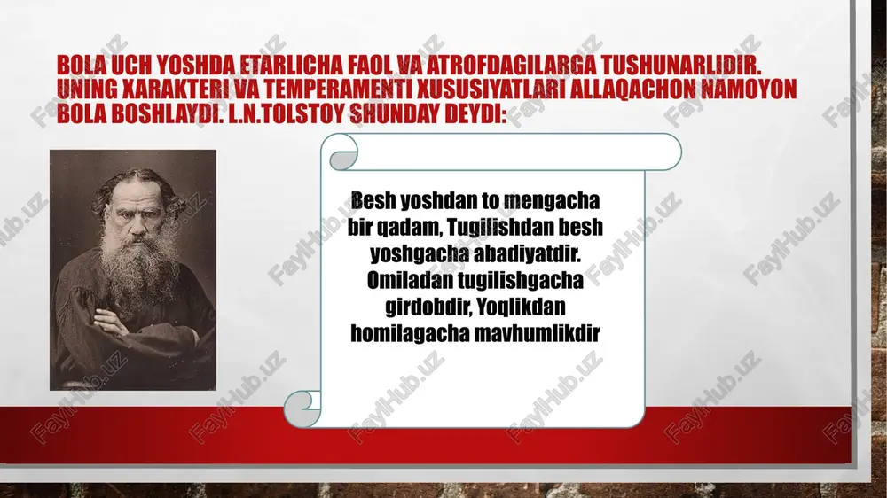 belgilovchi bosqich vazifasini o’taydi. psixolog e.k.kaverina bolaning tashqi ta’siriga javob bildirishini tadqiq qilib, unda odamning va jismlarga munosabat bir xilligini ta’kidlaydi. uning fikricha, insonning aft-angoriga qarab ijobiy his-tuyg’ular uyg’onishi keyinchalik vujudga keladi. ta’sirga berilish va ta’sirlanishning mazkur shakli bola bilan kattalar o’rtasidagi aloqaning boshlang’ich ko’rinishi hisoblanadi. shaxslararo aloqaning bu shakli chaqaloqlik davrining tugashi va ilk bolalikning boshlanishidan dalolat beradi. xulosa ayniqsa fonematik eshitish jadal rivojlanadi. odatda, ikkinchi yil songida bolalar ona tilining barcha tovushlarini qabul qiladi. biroq fonematik eshitishning mukammallashishi keyingi yillarda ham roy beradi. fikrlash rivoji uchun vositali harakatlar juda muhim. vosita bolaning predmet dunyosiga tasir qilishiga xizmat qiladi. bola eng katta tajribani kattalar bilan nutqiy muloqot natijasida qabul qiladi. foydalanilgan adabiyotlar klimov e.a. put` v professiyu. leningrad: zaxarova a.v. psixologiya obucheniya starsheklassnikov. e.g`oziev. «psixologiya». toshkent. «oqituvchi» e.g`oziev. «pedagogik psixologiya asoslari». kon i.s. psixologiya yunosheskogo vozrasta. mudrik a.v. o vospitanii starsheklassnikov. image4.jpeg image5.jpeg image6.jpeg image7.jpeg image8.png image9.jpeg image10.jpeg image11.jpeg …