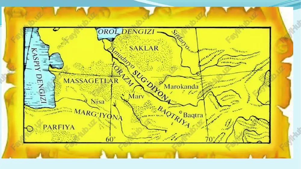 a'ni mil.av. 3 asrlarda markaziy osiyoda bir qancha davlatlar tashkil topadi. ular quyidagilar: dovon davlati - mil.av. 3 asrdan to milodning 2 asrlarigacha mavjud bo'lgan. uning hududi hozirgi farg'ona vodiysi bo'lib, andijon va namangan ham kirgan. dovon davlatining poytaxti ershi shahri bo'lib, u hozirgi andijon viloyatining marhamat tumaniga to'g'ri keladi. uning uchqo'rg'on. sho'rabashat kabi shaharlari mavjud bo'lgan. qang' davlati - bu davlatga mil.av. 3 asrlarda saklar asos solgan. u xitoy manbalarida qang'yuy deb atalgan. uning poytaxti hududlari hozirgi toshkent viloyatining oqqo'rg'on tumaniga to'g'ri kelib, qang'dez nomi bilan yuritilgan so'g'd davlati - bu davlat mil.av. 250 yillarda baqtriya tarkibidan ajralib chiqadi. uning hududi hozirgi qashqadaryo va zarafshon vohalari, samarqand, buxoro va navoiy viloyatlariga to'g'ri keladi (ungacha bu hududlar baqtriya tarkibida bo'lgan). uning aholisi asosan bog'dorchilik, polizchilik, dehqonchilik, chorvachilik, savdo va hunarmandchilik bilan shug'ullangan. uning shahar xarobalaridan biri - afrosiyobdir. xorazm - mil.av. 4 asrda bu davlat ahamoniylardan mustaqil davlatga aylanadi. biroq …