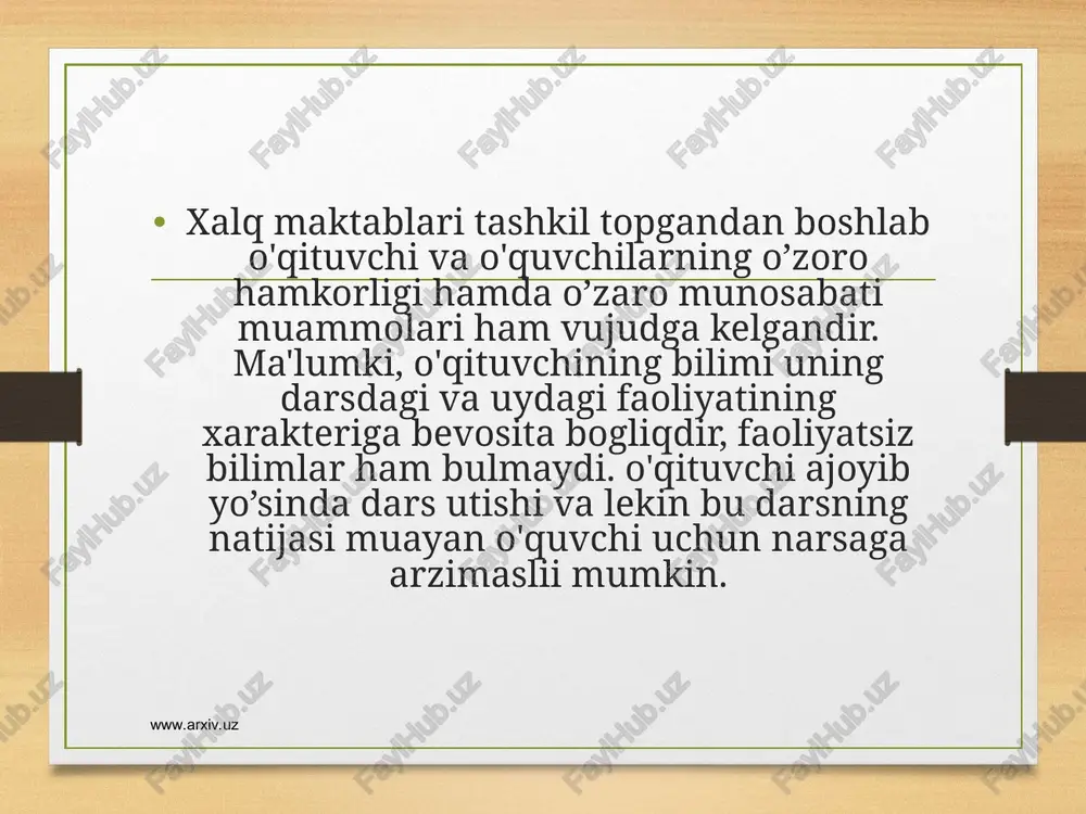 yakka tartibda olib boriladi. dars mashg’uloti olib borilayotgan va o’zlashtirilayotgan materialning mazmuniga karab turli xil metodlar yordamida olib boriladi hamda umumiy ta'lim tarbiyaning bir qismi sifatida, albatta, tugallangan bilim beradi va navbatdagi bilimlarni o’zlashtirish zamin yaratadi. www.arxiv.uz www.arxiv.uz www.arxiv.uz muayyan dars tipi asosida olib boriladigan mashg’ulotlarda ikkinchi, uchinchi bir dars tipining turlari bo'lishi mumkin. misol uchun, ta'lim muassasalarida eng ko’p qo'llaniladigan dars tiplarining biri-ya'ni bilimlarni bayon qilish darsida quyidagi holatlar omalga oshirilishi mumkin: yangi bilimlarni baen kilish; yangi bilimlarni mustahkamlash; v) yangi bilimlar ustida mashq utkazish; g) yangi bilimlarga bog’liq holda uy vazifalarini topshirish va hokazo. www.arxiv.uz www.arxiv.uz demak, dars umuman jarayon davomida bir dars tipi asosida tashkil etilmaydi. shunga qaramay darsning maqsadi o'quvchilarga yangi bilim berishga qaratilgan bo'lsa, butun didaktik usullar ana shunga bo’ysindiriladi. shuning uchun ham bunday dars yangi bilim berish darsi deb ataladi. muayan dars tipi bilan ish ko'rilaetganda boshka bir dars tipi unsurlarining asosiy tipidan o'rin …